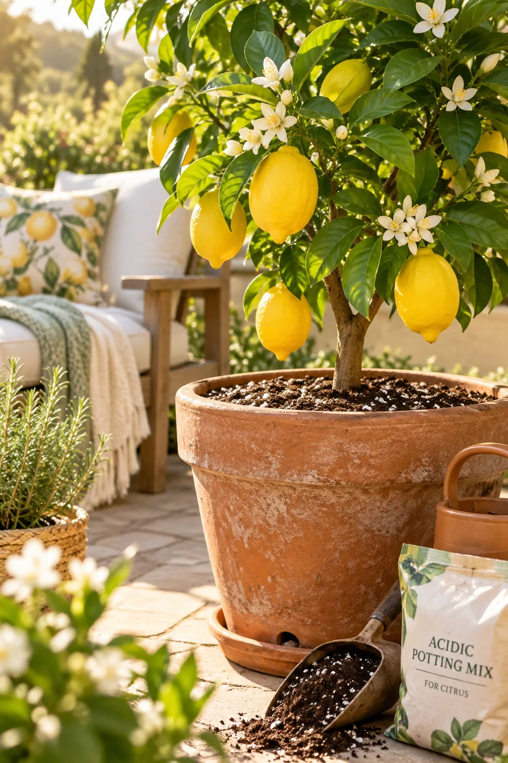 A small potted lemon tree with bright yellow lemons sitting next to a modern outdoor lounge chair.