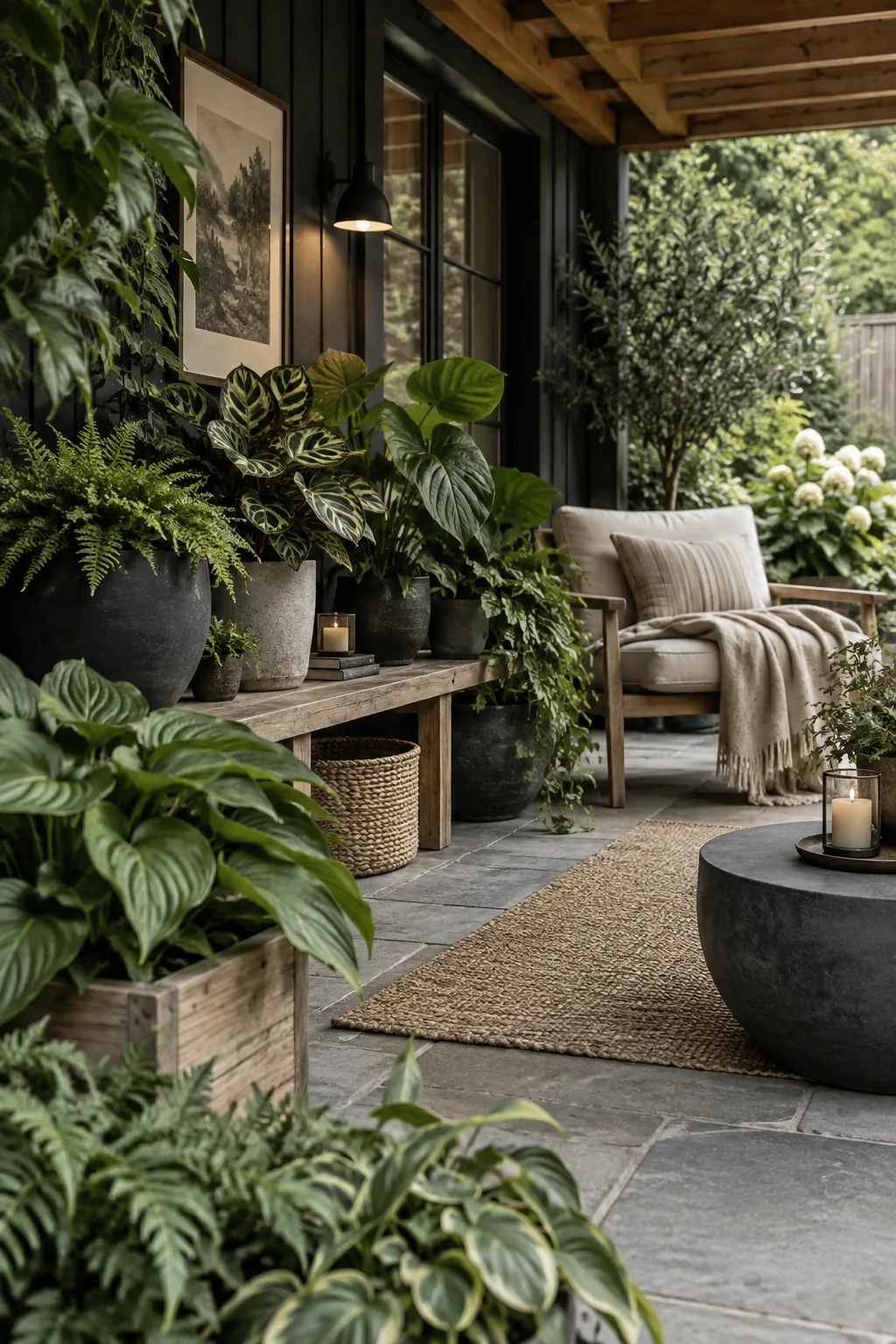 A cluster of pots in a shaded corner featuring pink-veined caladiums, green hostas, and purple coral bells.