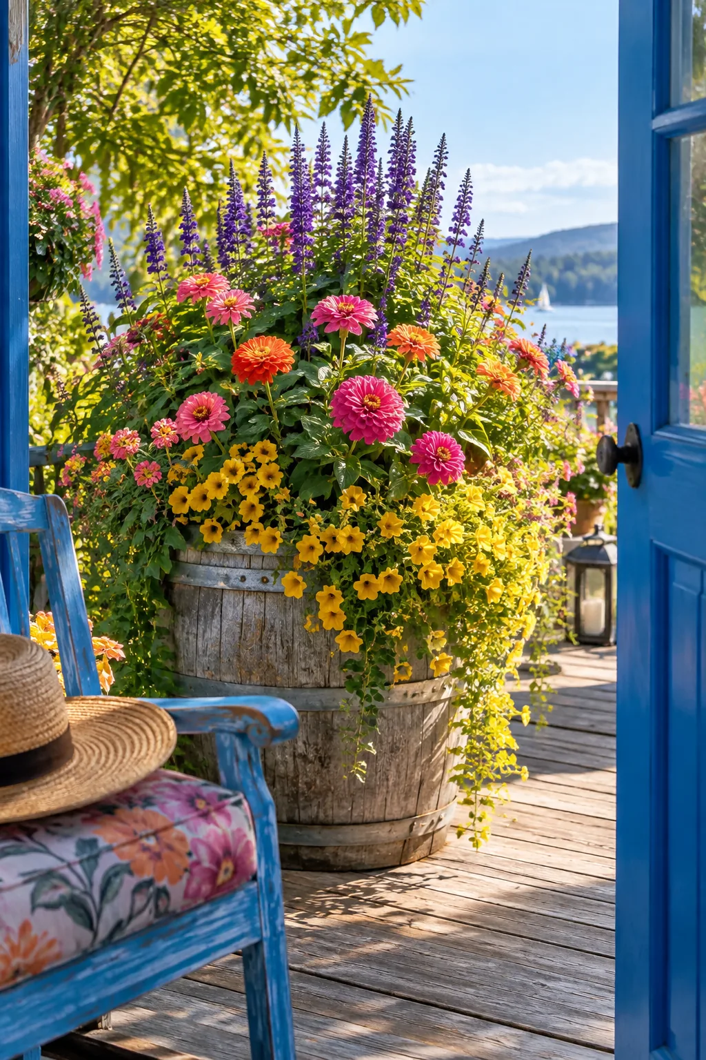 A wooden half-barrel planter overflowing with tall purple flowers, pink petunias, and trailing white blooms.