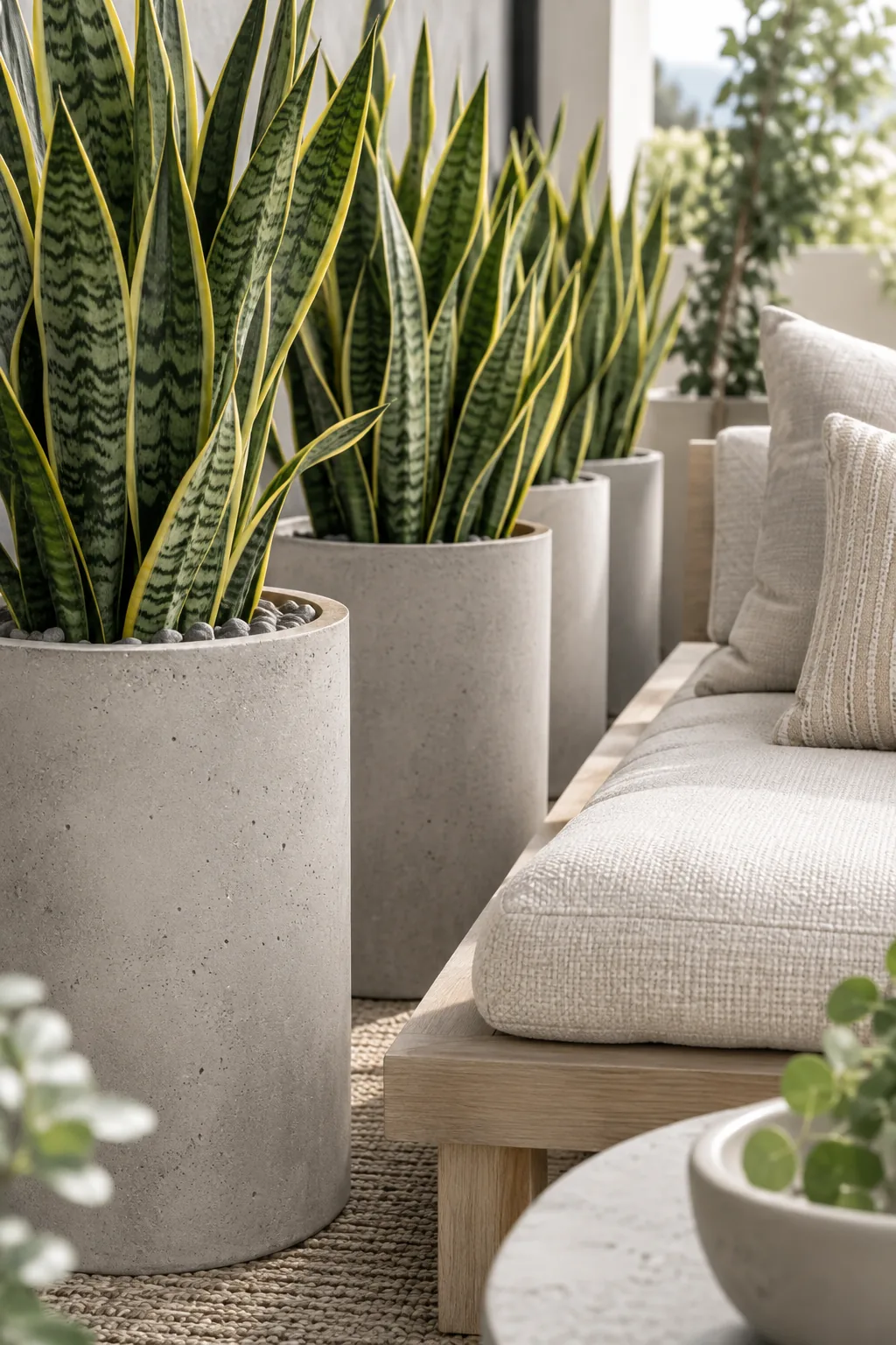 A row of modern concrete planters filled with tall, upright snake plants acting as a privacy screen.