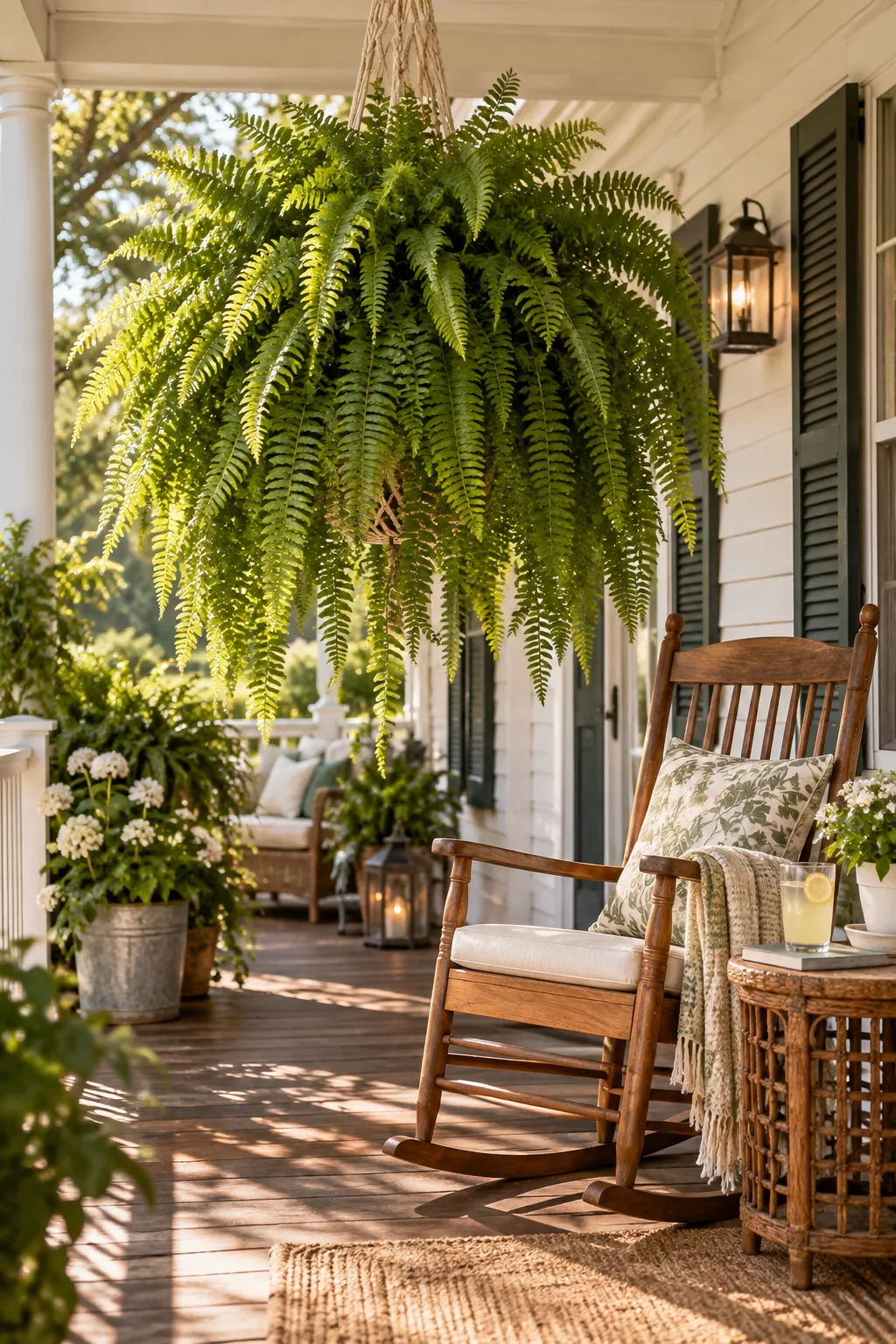 A large, lush green Boston fern hanging in a basket from a wooden porch ceiling.