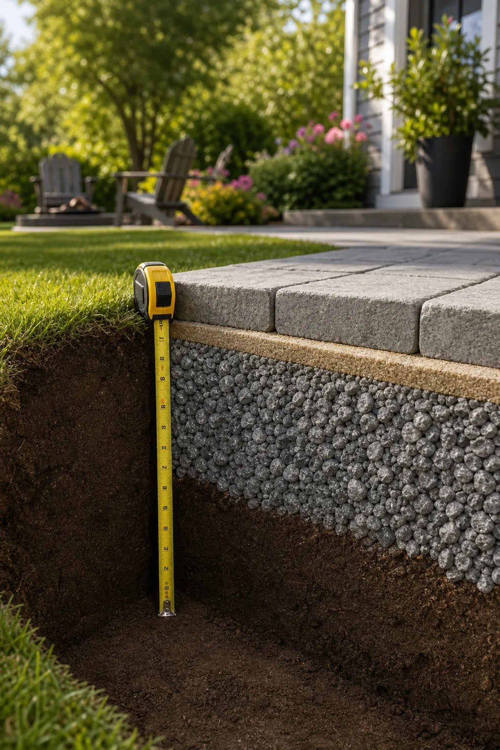 A yellow tape measure extended against an excavated dirt wall showing the depth of a patio trench.