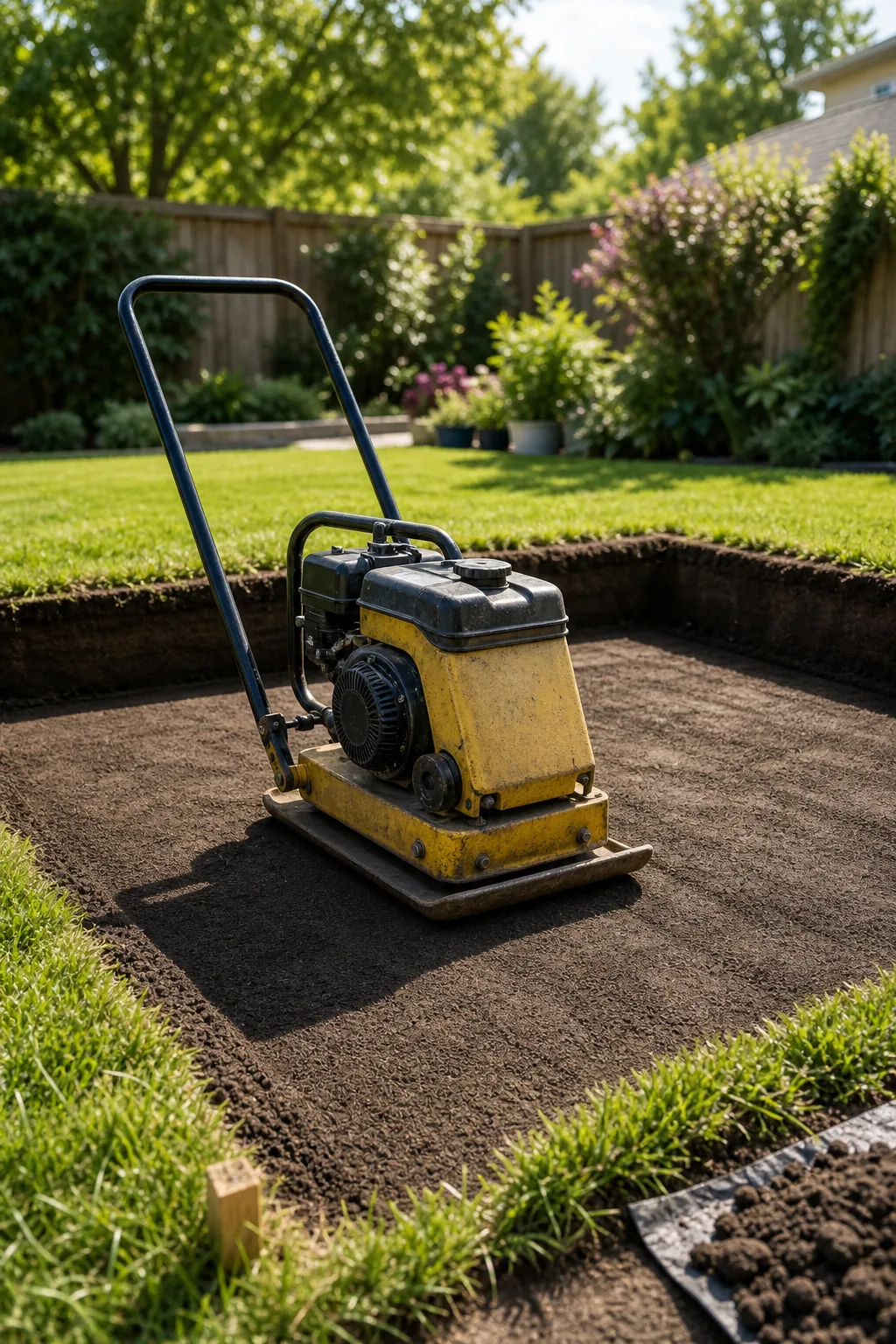 A yellow plate compactor sitting on flat, dark dirt inside an excavated lawn area.