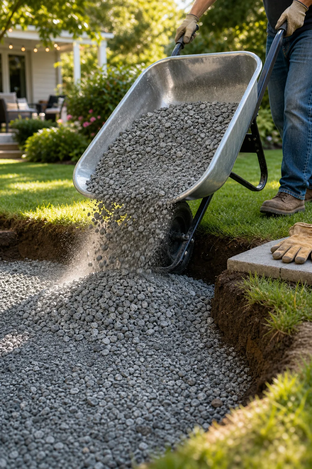 A wheelbarrow dumping jagged gray crushed gravel and stone dust into a shallow trench.