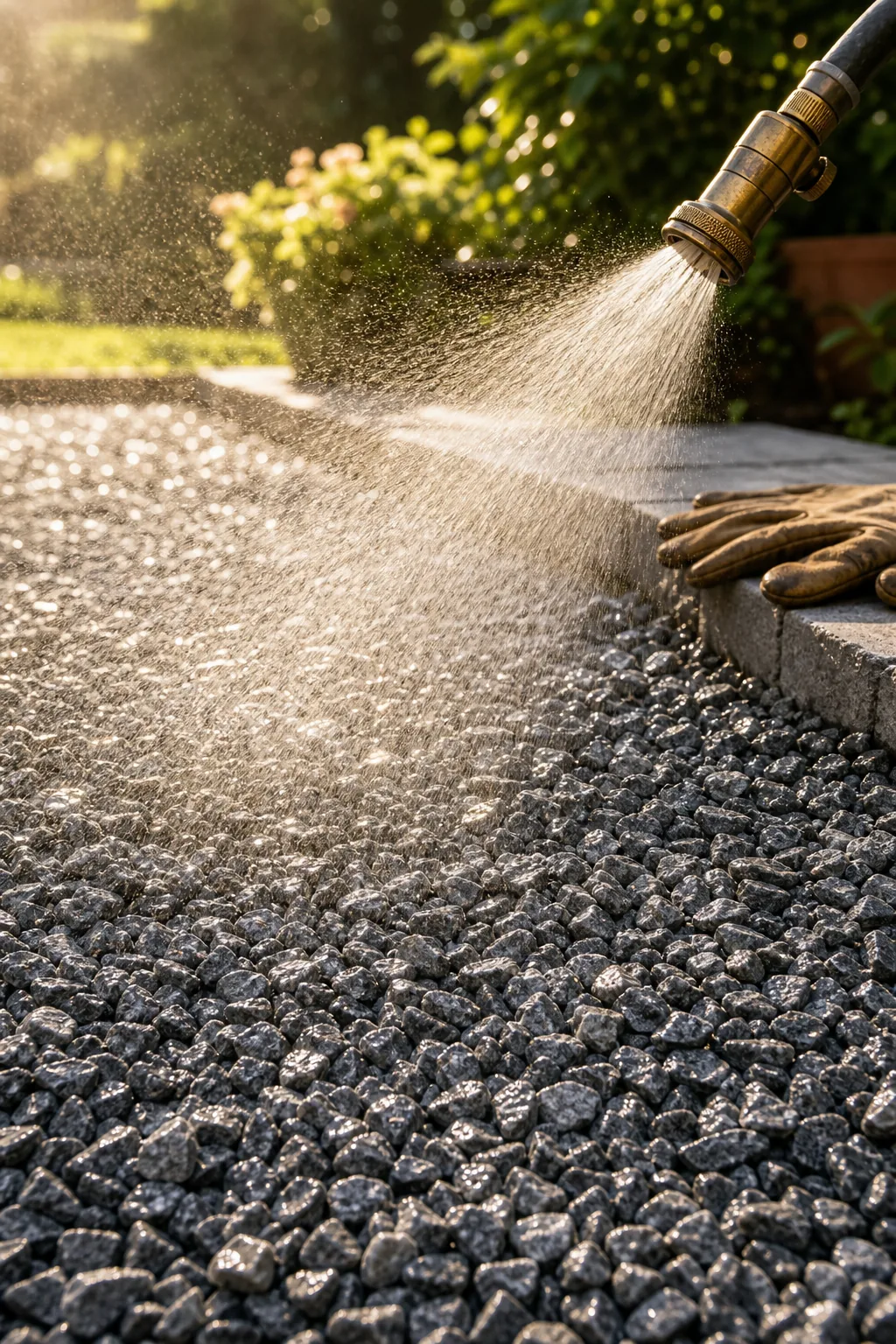 A brass hose nozzle spraying a fine mist of water onto a bed of crushed gravel.