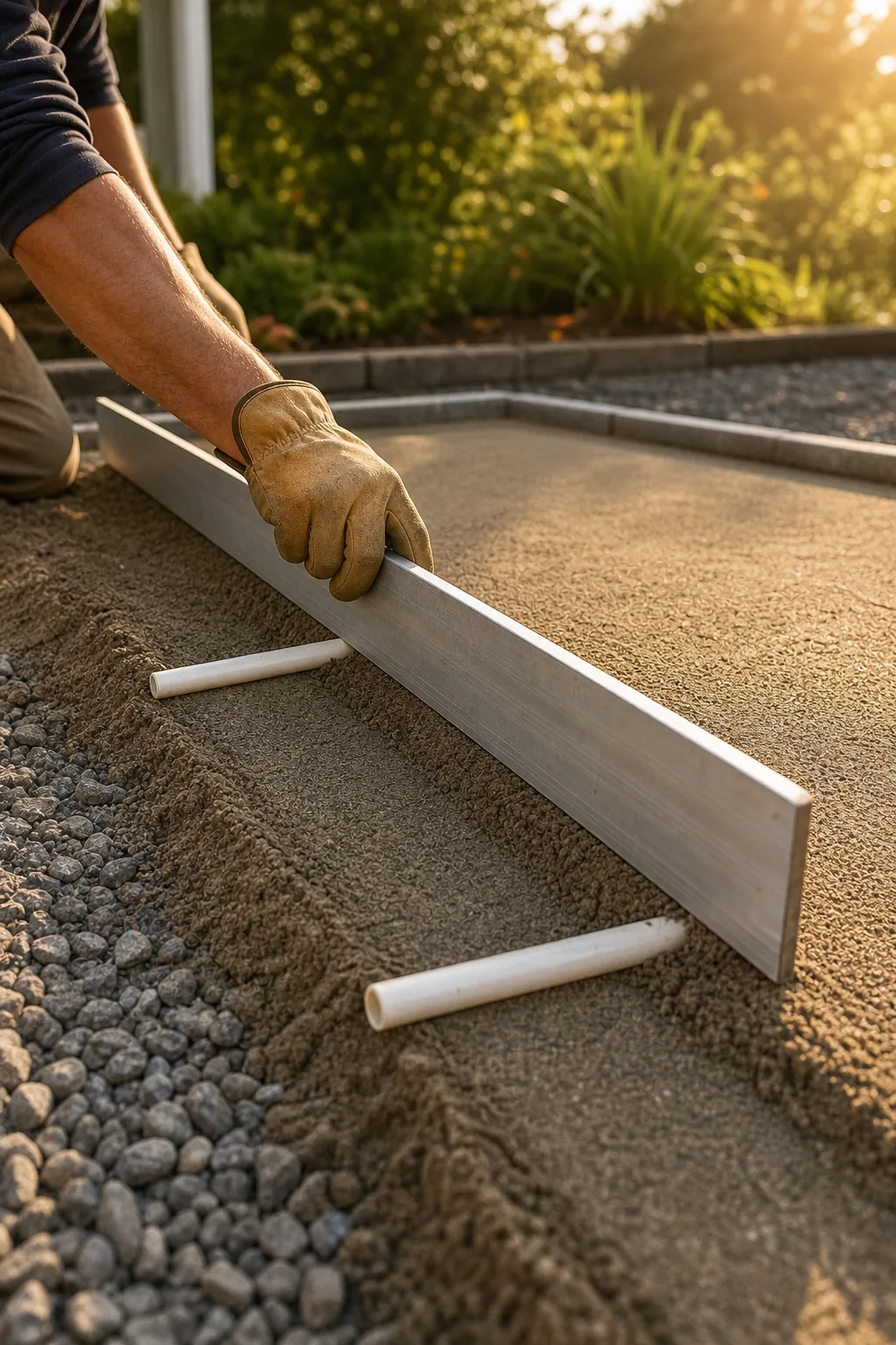 An aluminum board leveling coarse sand over two white PVC pipes.