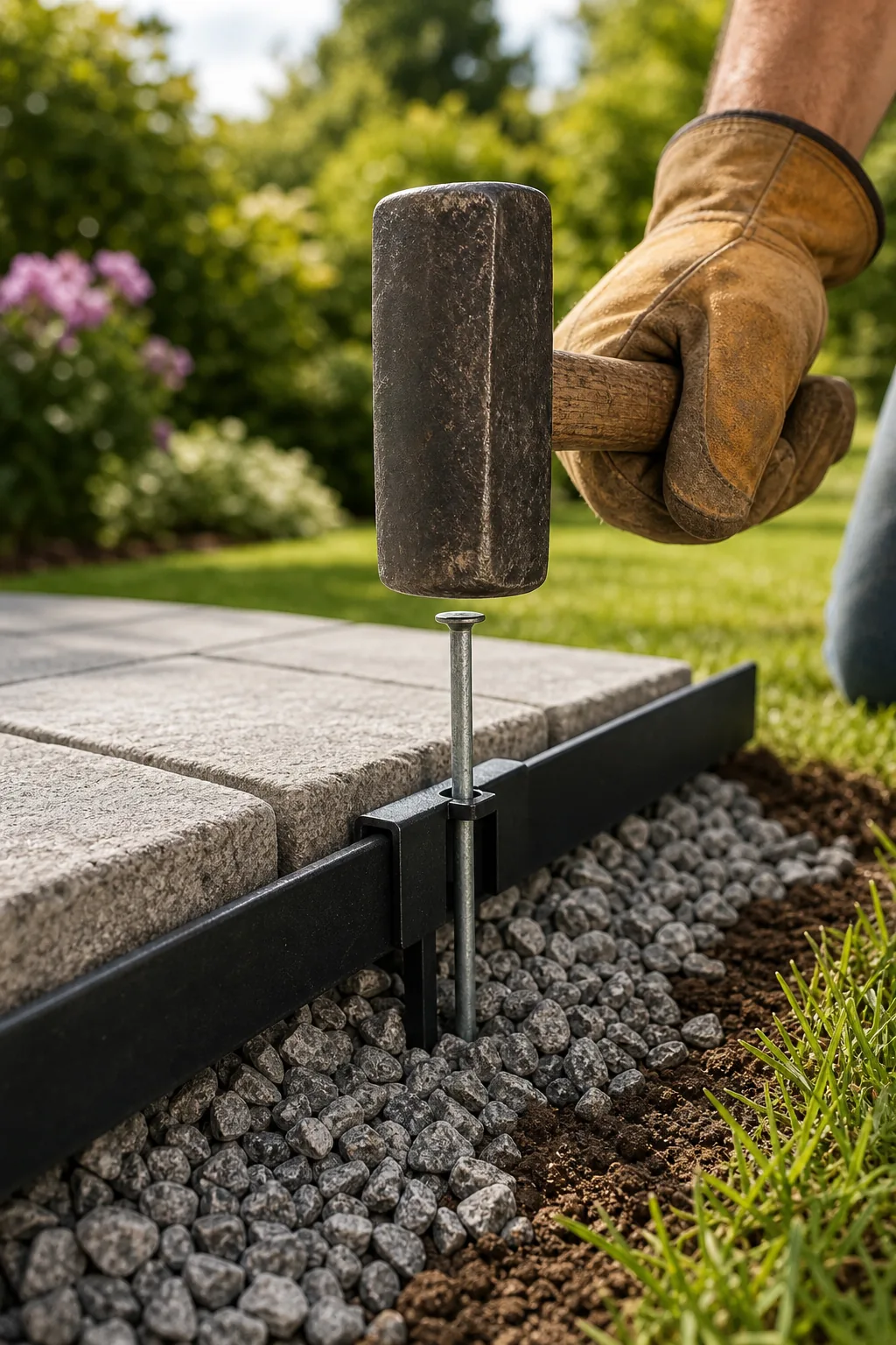 A steel mallet driving a metal spike into a black plastic edge restraint next to a paver.