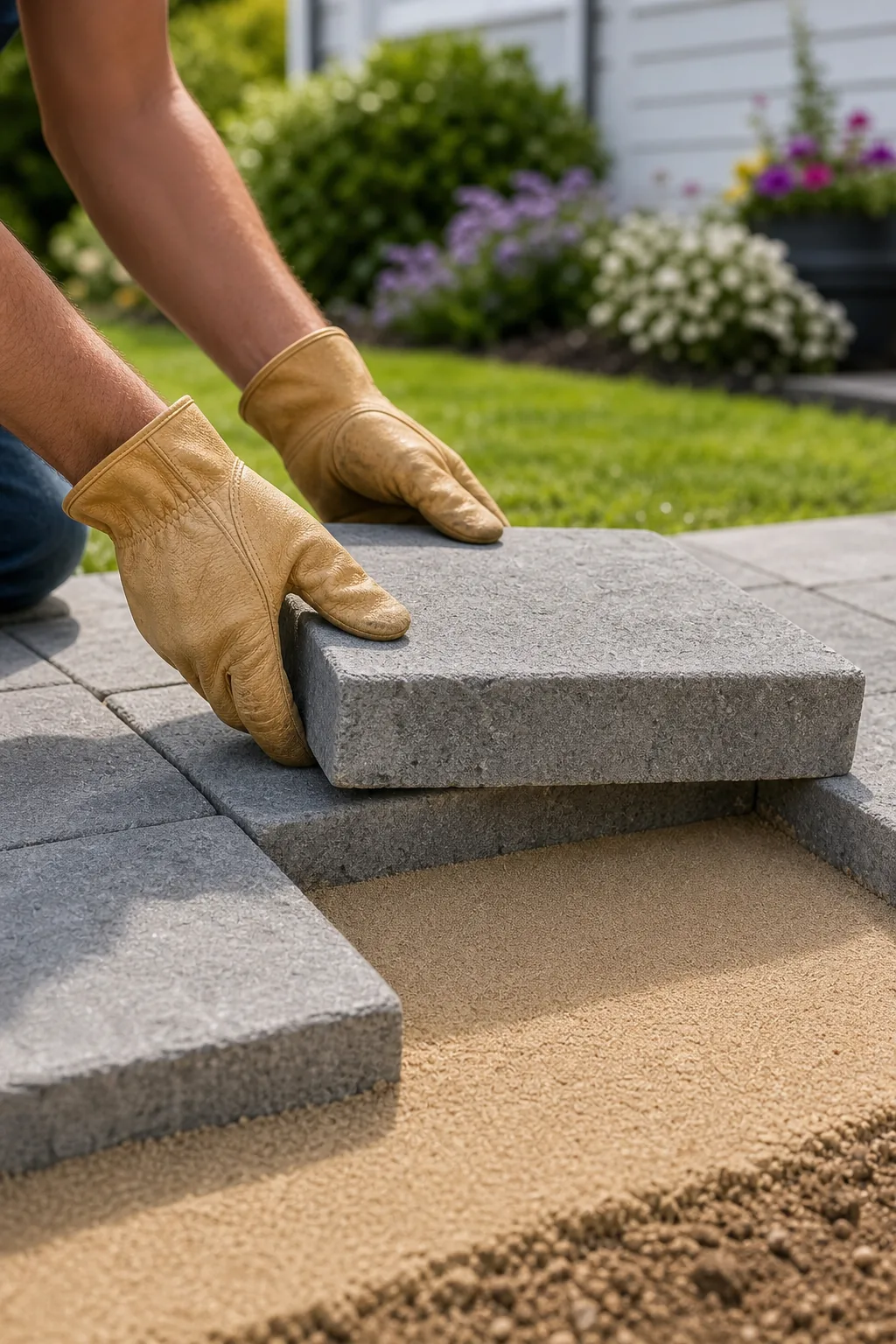 Gloved hands carefully lowering a gray concrete paver onto a smooth bed of sand.