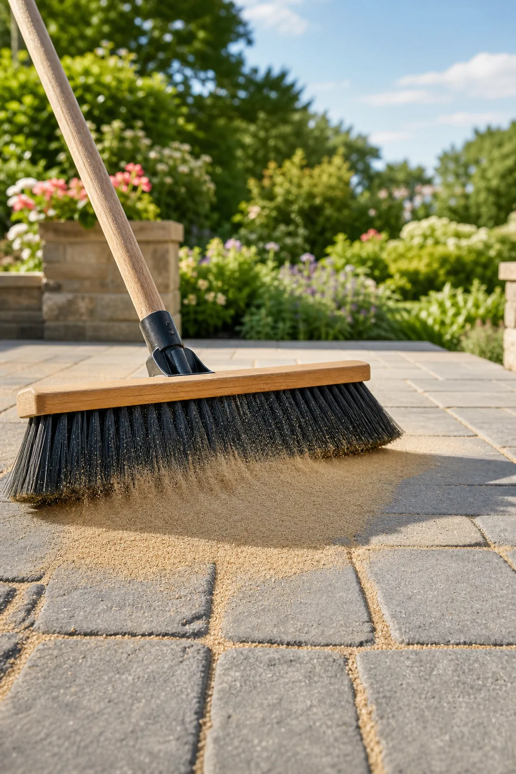 A push broom sweeping fine tan sand into the joints of a newly laid paver patio.