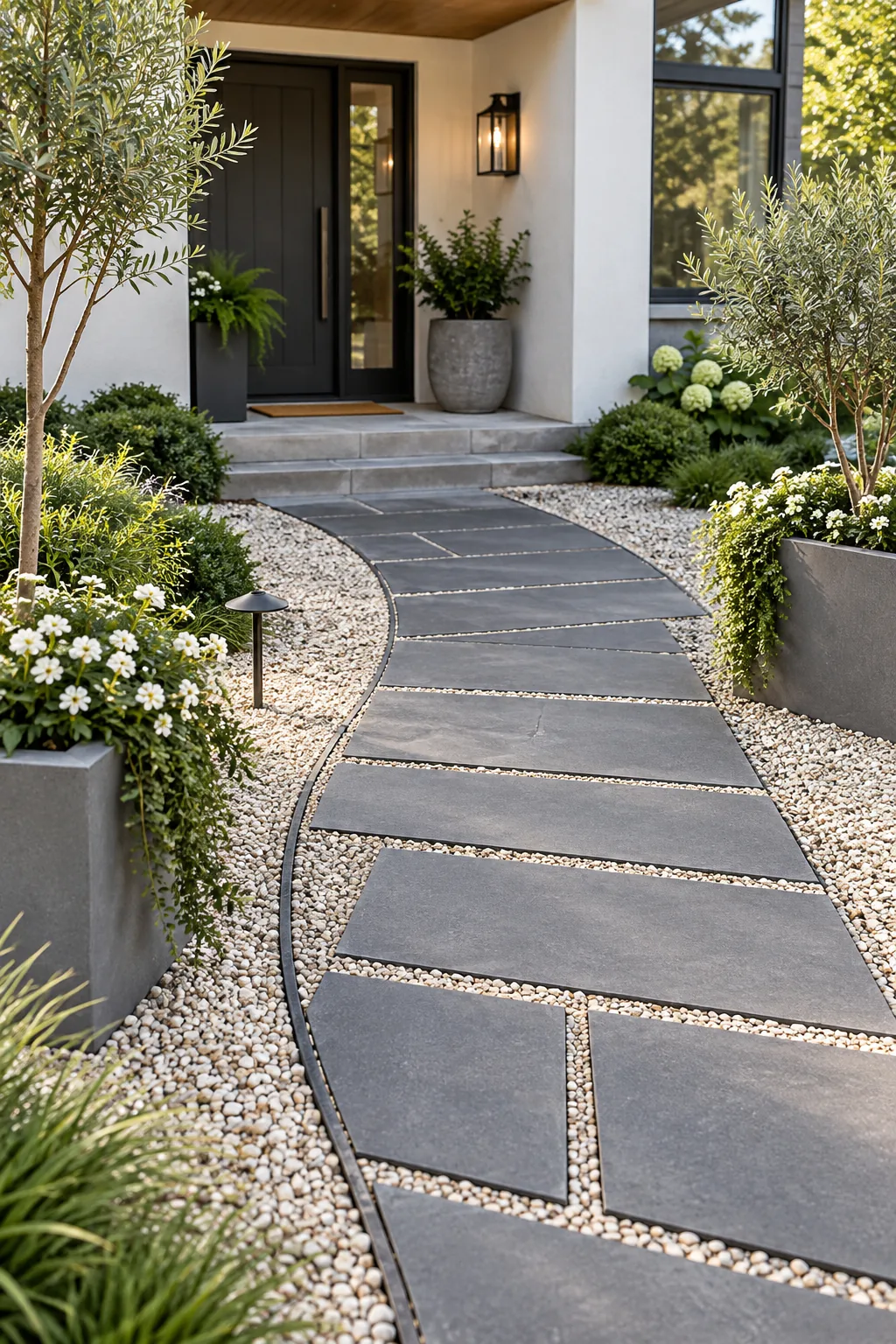 Large dark gray slate pavers set in light gravel.