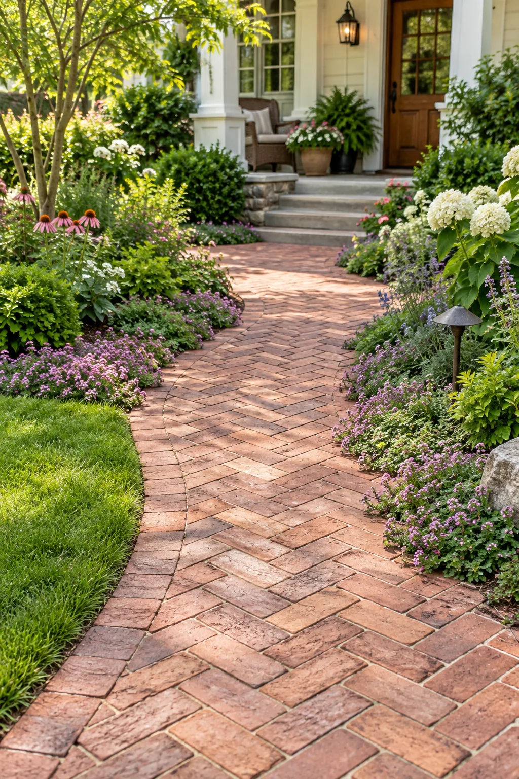 Tumbled red clay brick path surrounded by lush creeping thyme.