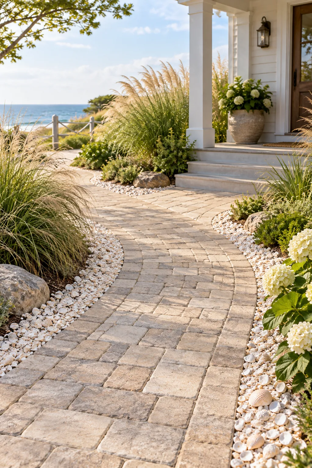 Light tan cobblestone walkway bordered by crushed shells and ornamental grasses.