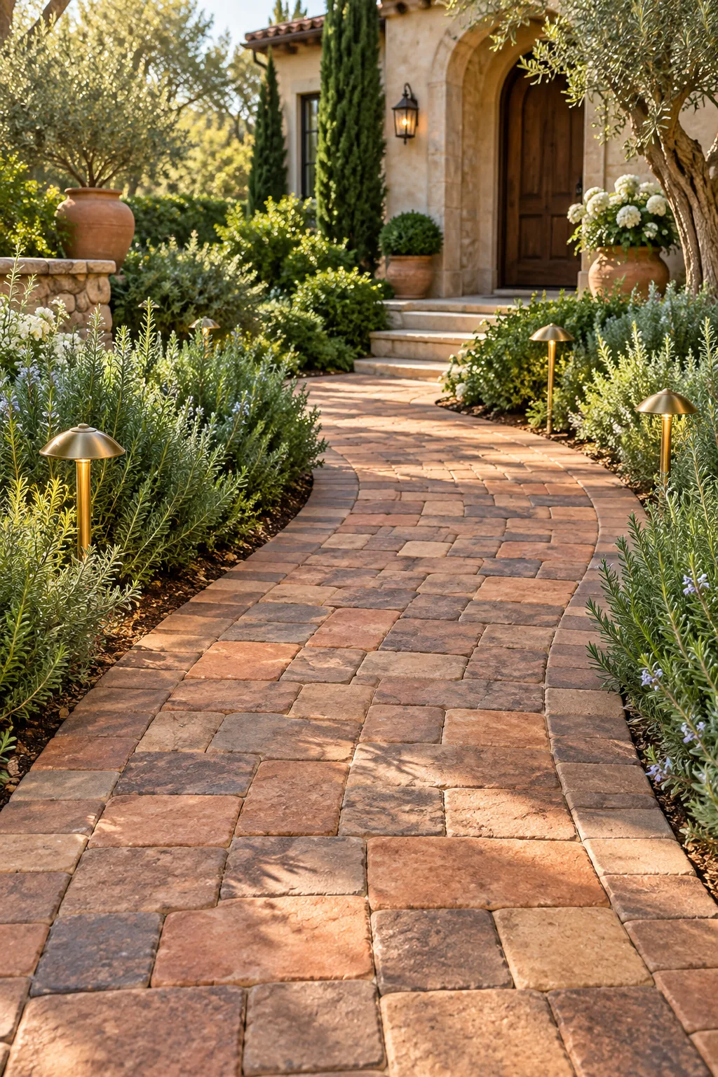 Mixed terracotta and brown paver path illuminated by warm landscape lighting.