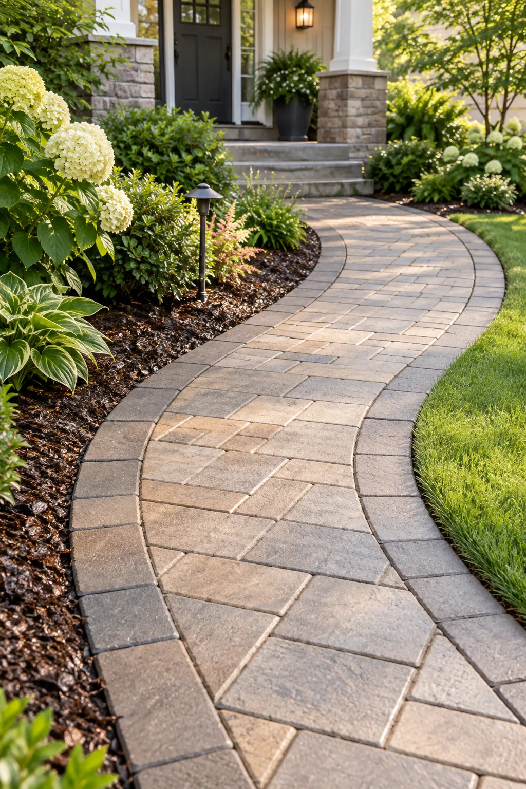Paver walkway surface viewed lengthwise after rain, showing dry stones.