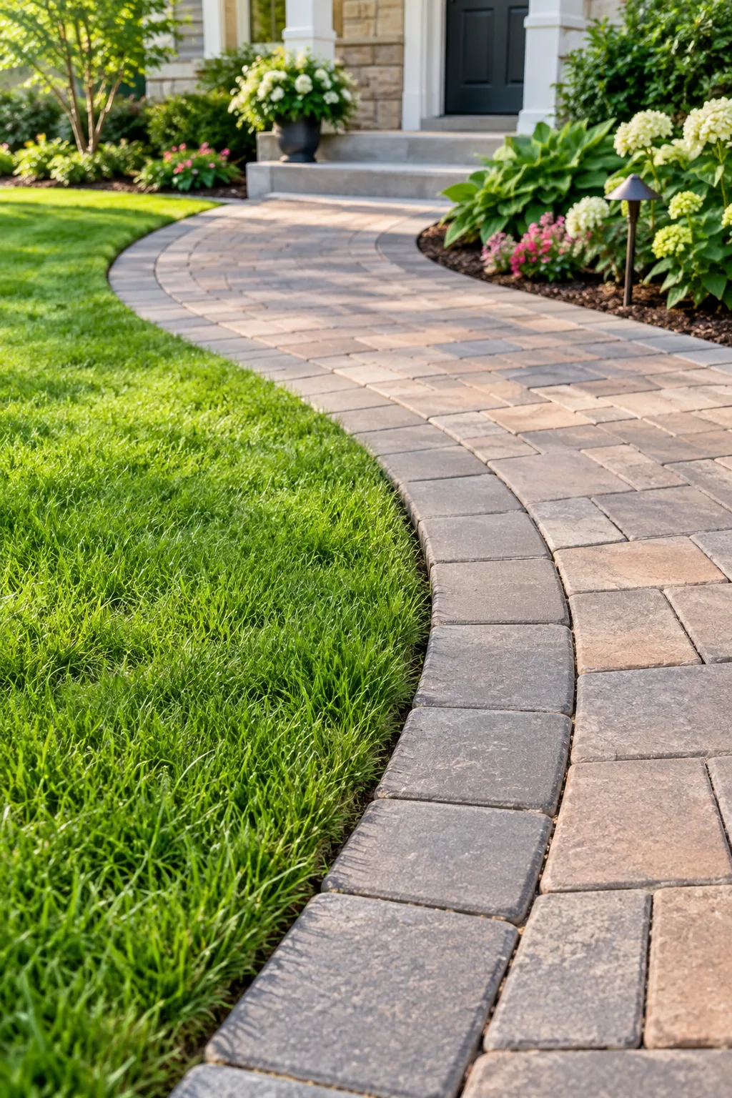 Curved outer edge of a paver path laid end-to-end.