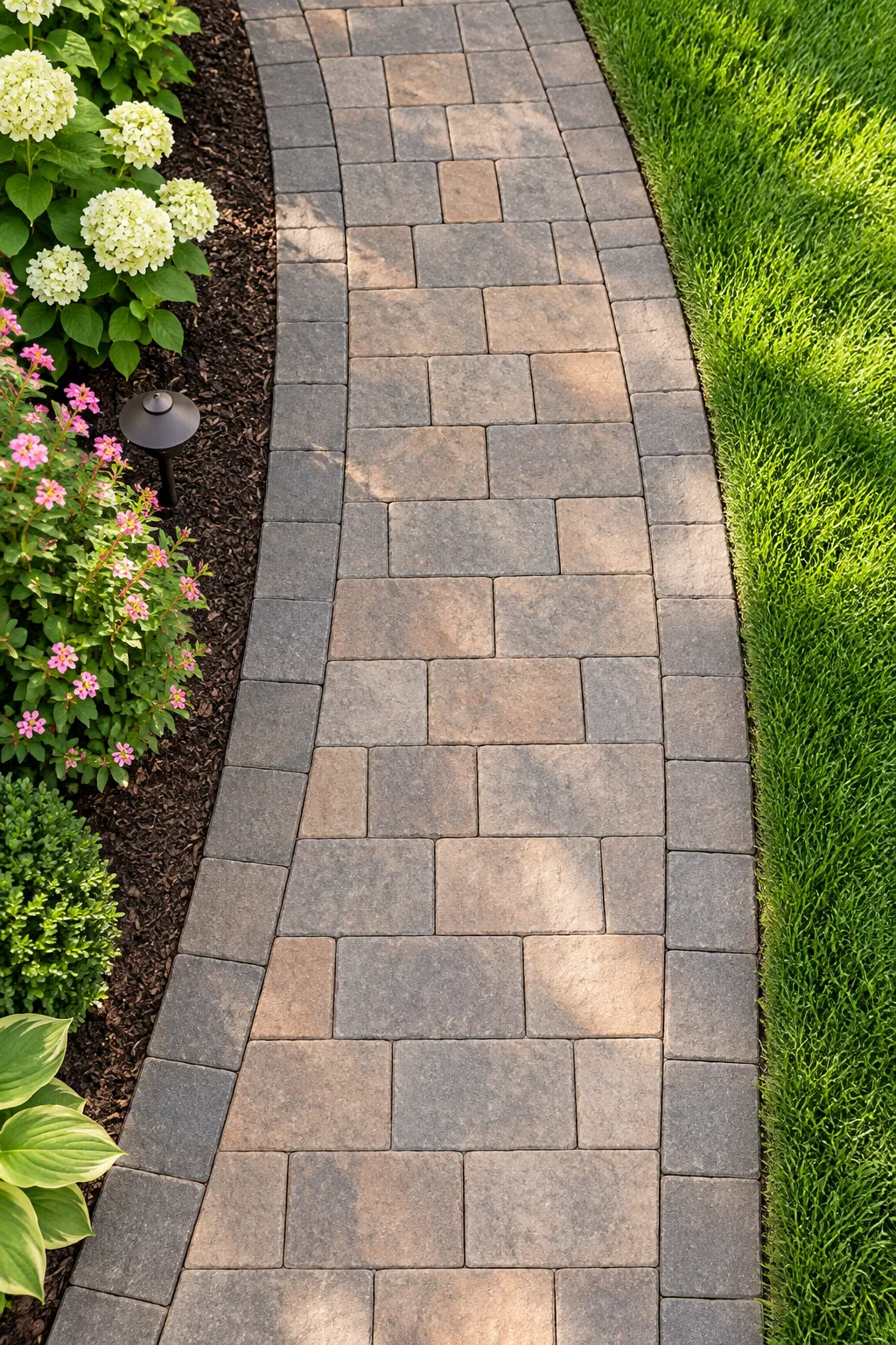 Overhead view of staggered rectangular pavers forming a continuous path.