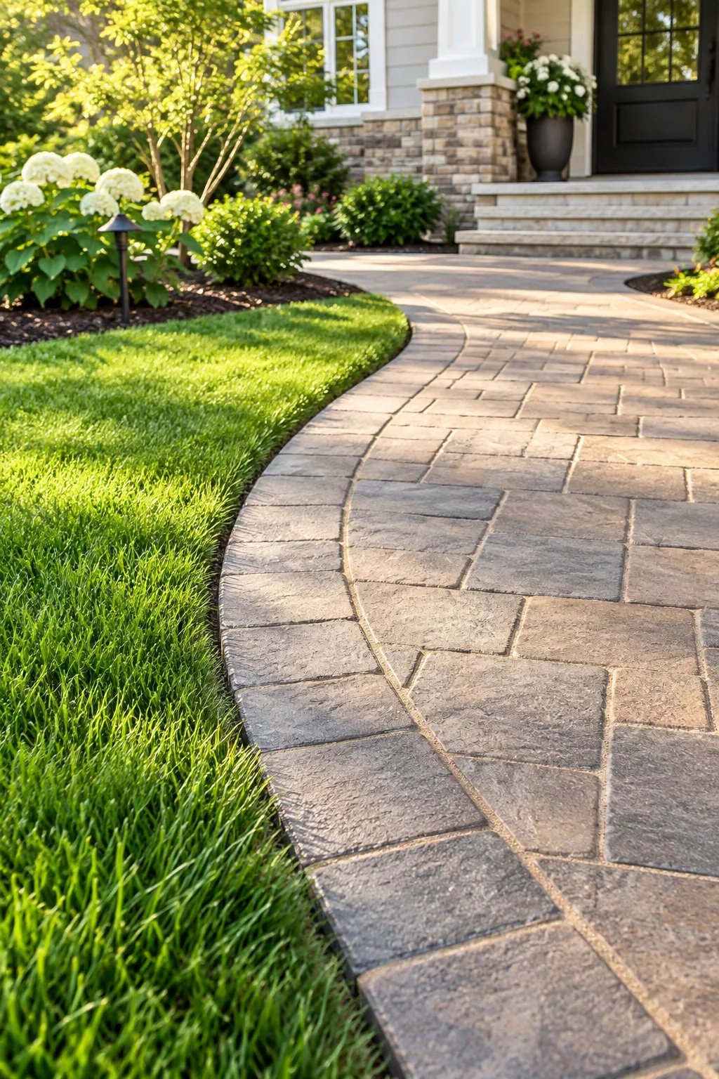 Crisp green lawn perfectly flush against the stone walkway edge.