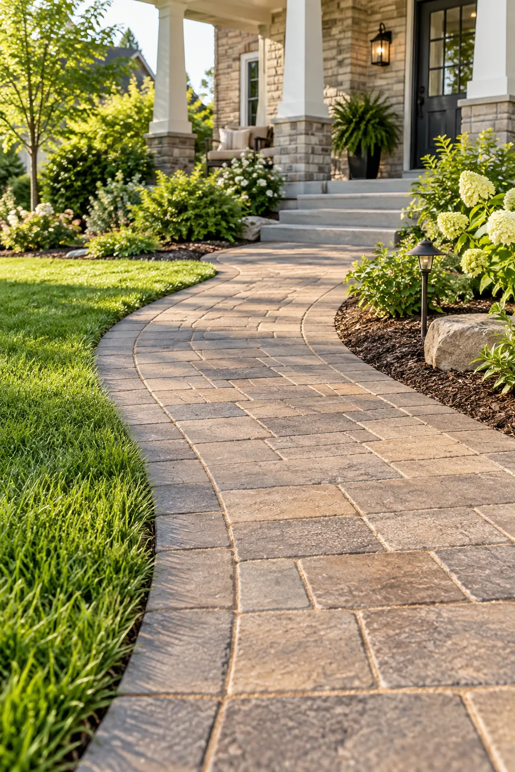 Close-up of tightly filled, smooth sand joints between textured pavers.