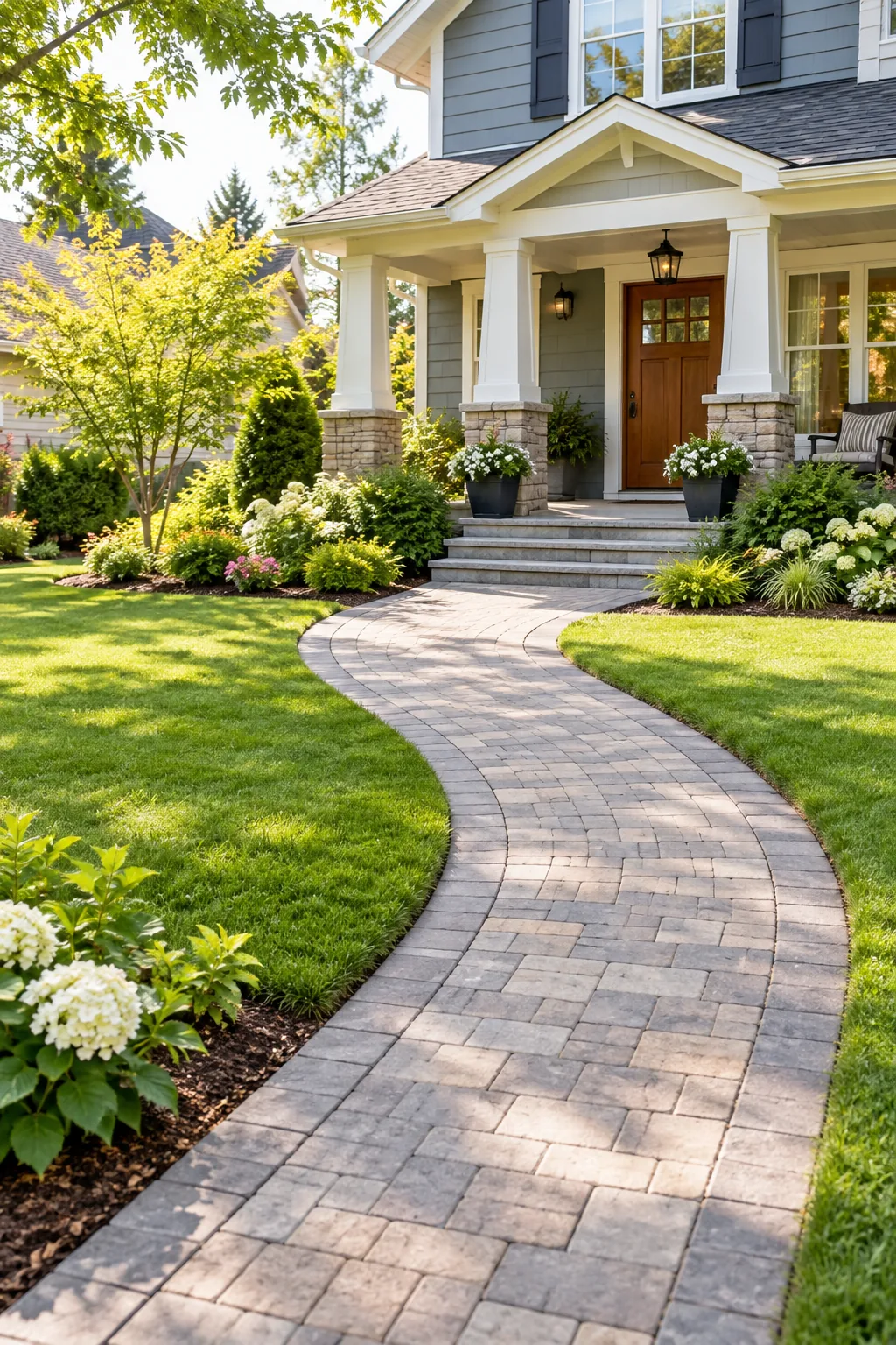 Wide view of a landscaped front yard with a curving paver path.
