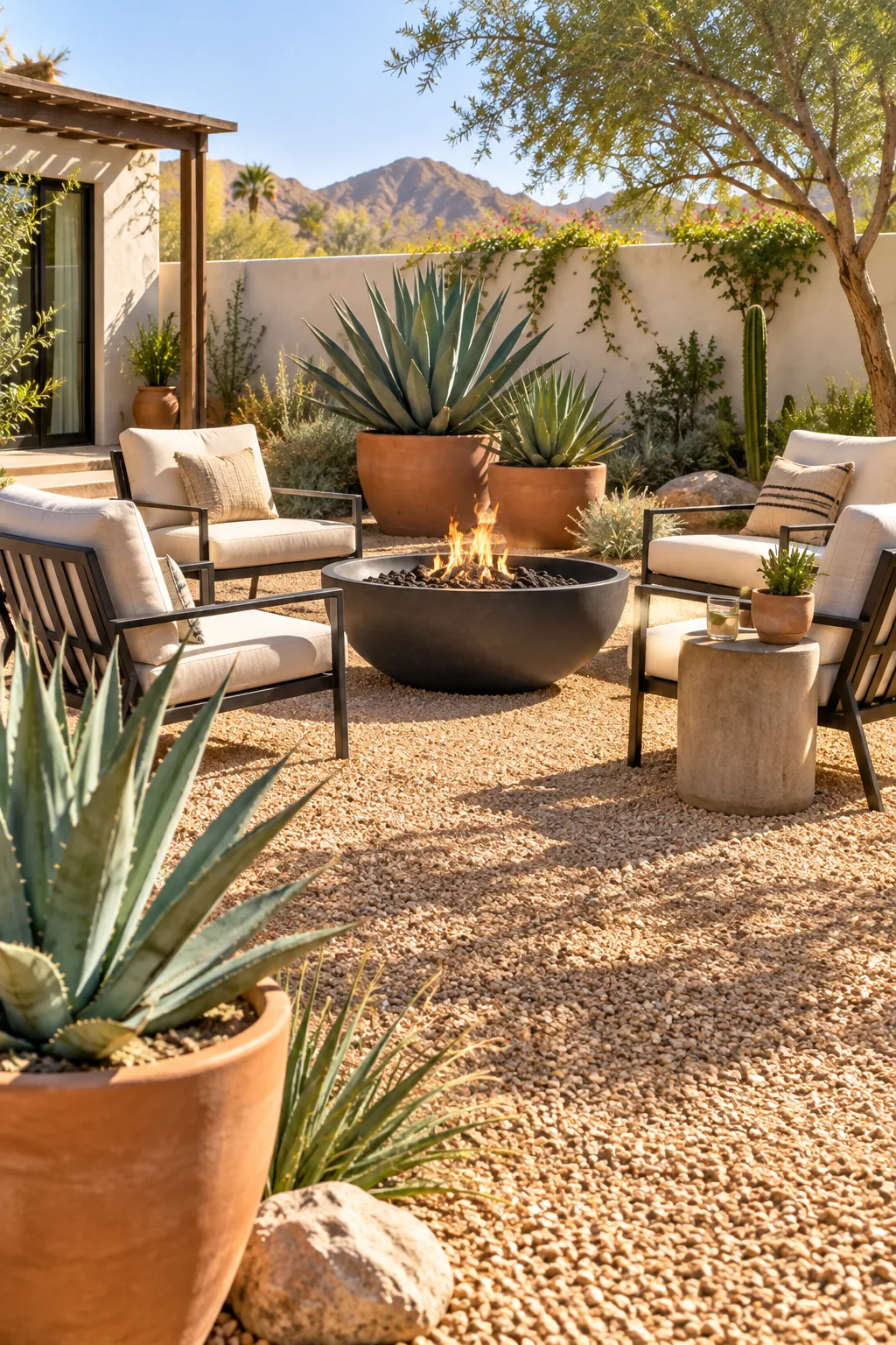 Modern desert patio with tan pea gravel, black metal fire pit, and agave plants.