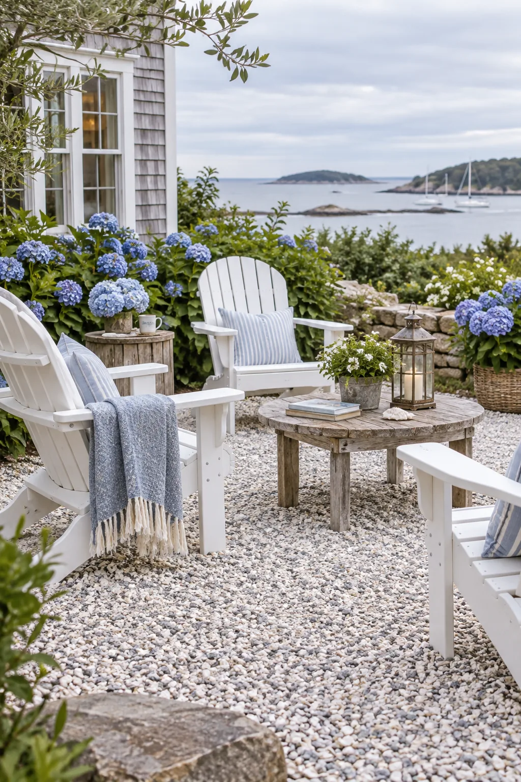 Coastal cottage patio with light gray gravel, white Adirondack chairs, and blue hydrangeas.