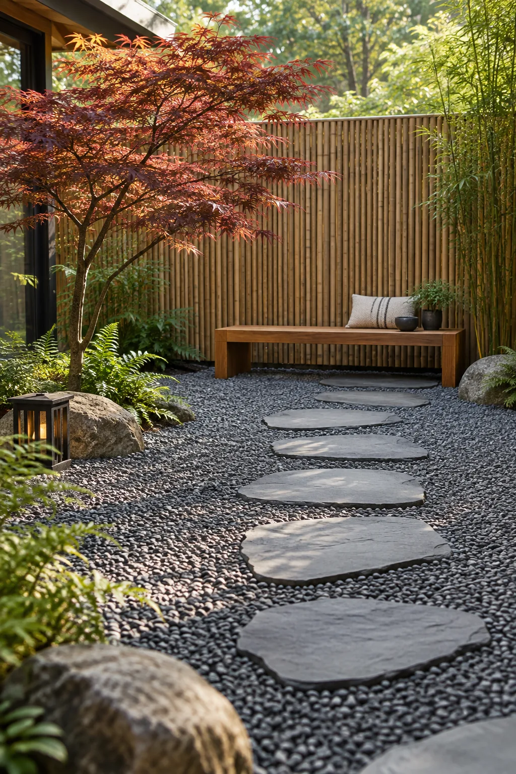 Minimalist zen garden with dark gray pea gravel, slate stepping stones, and a teak bench.