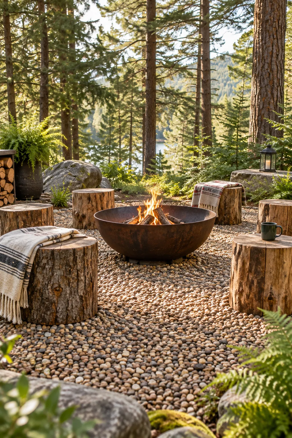 Rustic woodland patio with mixed brown gravel, log stump seating, and a cast iron fire bowl.