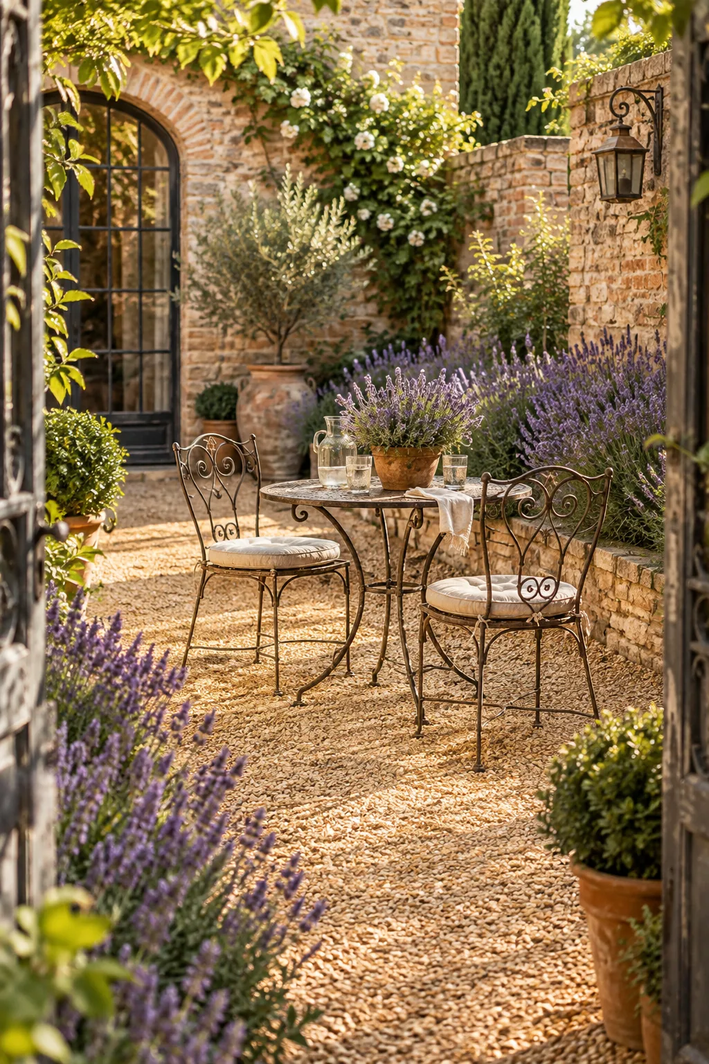 French country courtyard with golden pea gravel, a wrought iron bistro set, and lavender plants.