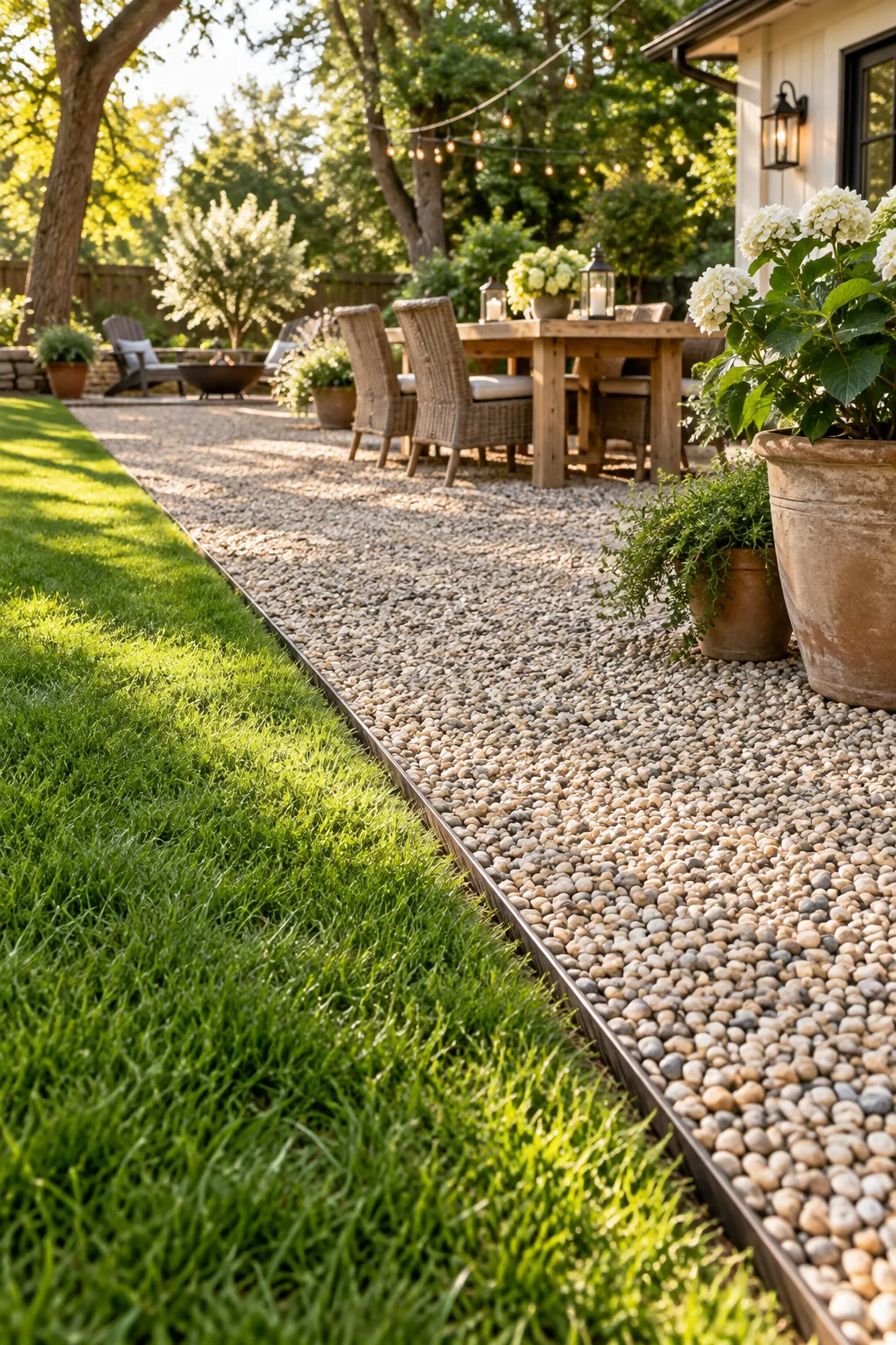Close-up of a crisp steel edging line separating green grass from a level pea gravel patio, with a planter in the background.