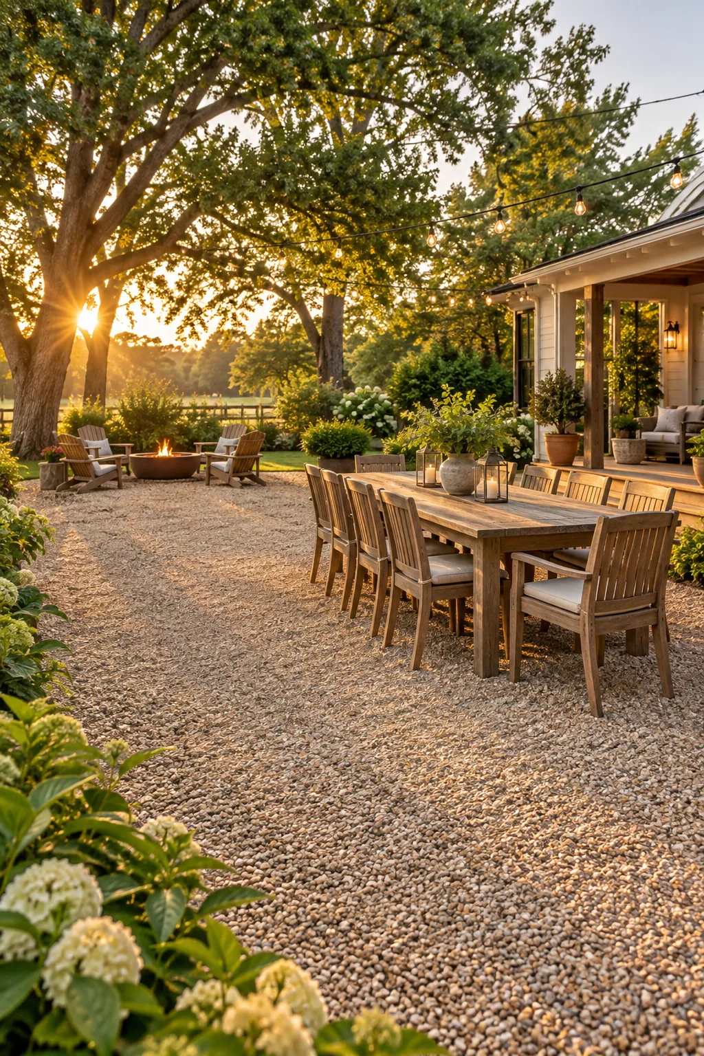 Wide view of a large pea gravel backyard patio featuring an outdoor dining table under string lights.