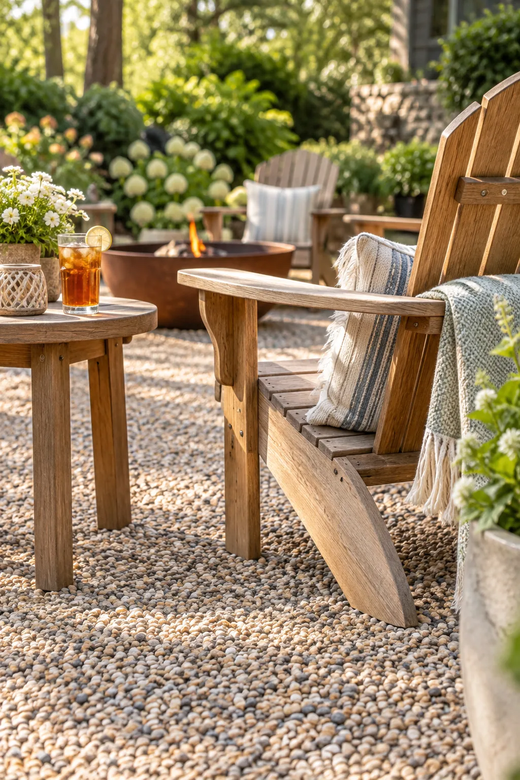 Close-up of a wide wooden Adirondack chair leg resting securely on a flat pea gravel surface next to a side table.