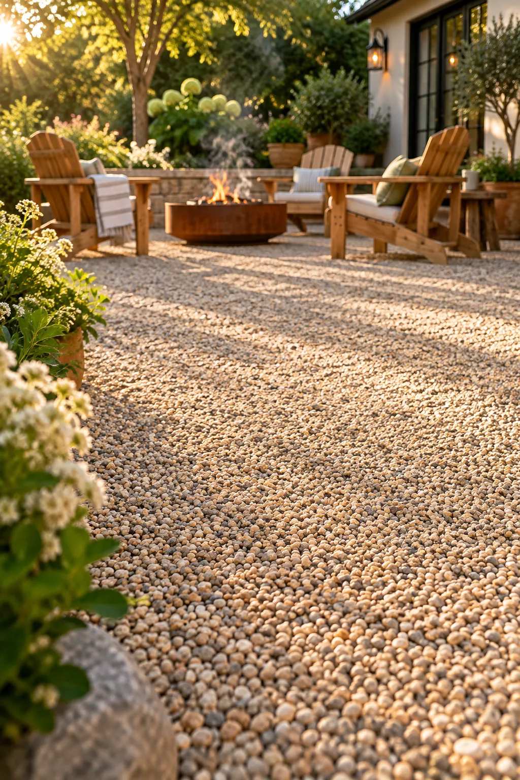 Smooth, perfectly level pea gravel surface in the foreground with a blurred fire pit seating area behind it.