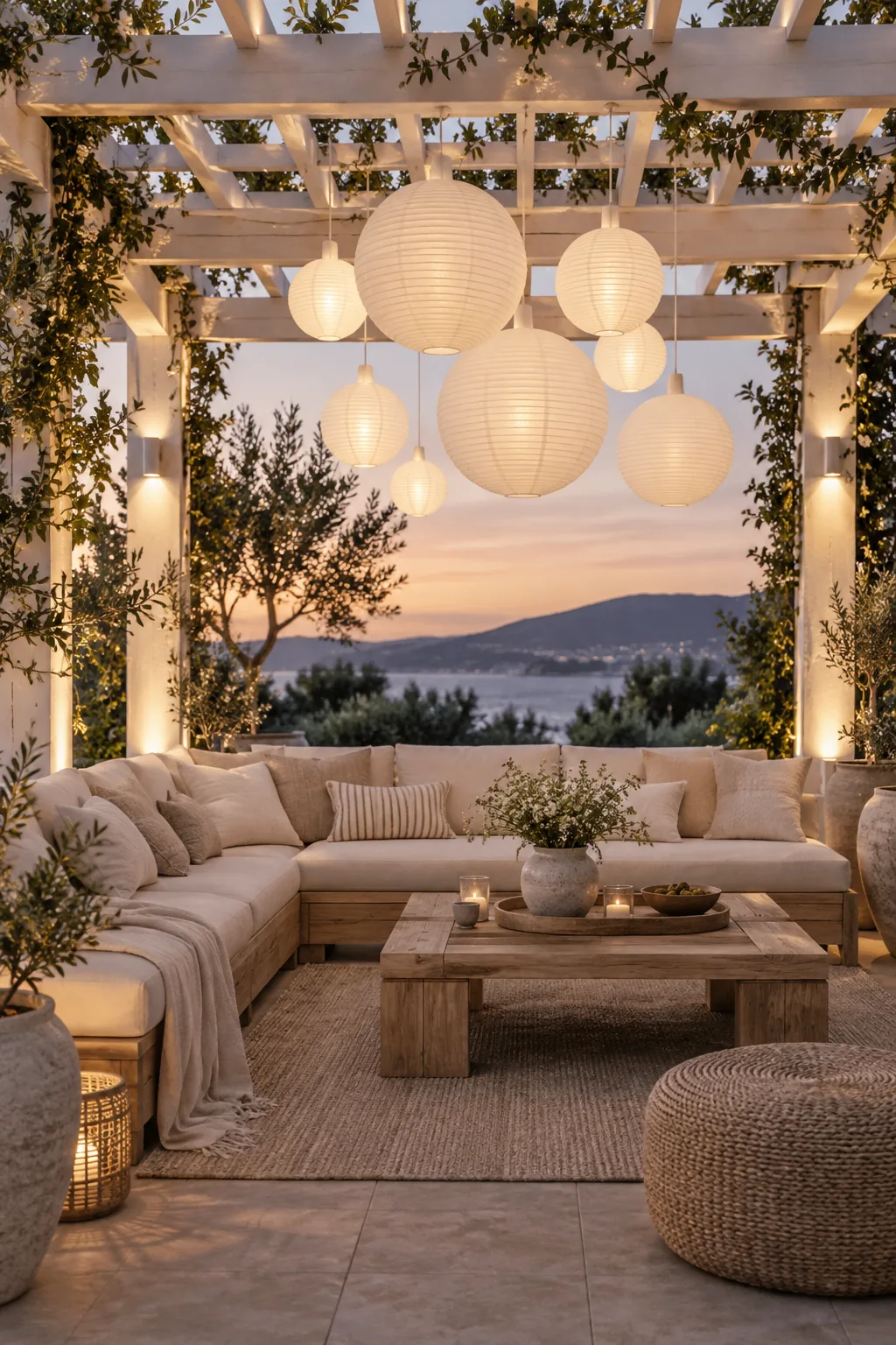 White paper lanterns in various sizes hanging from the center of a pergola over a lounge area.