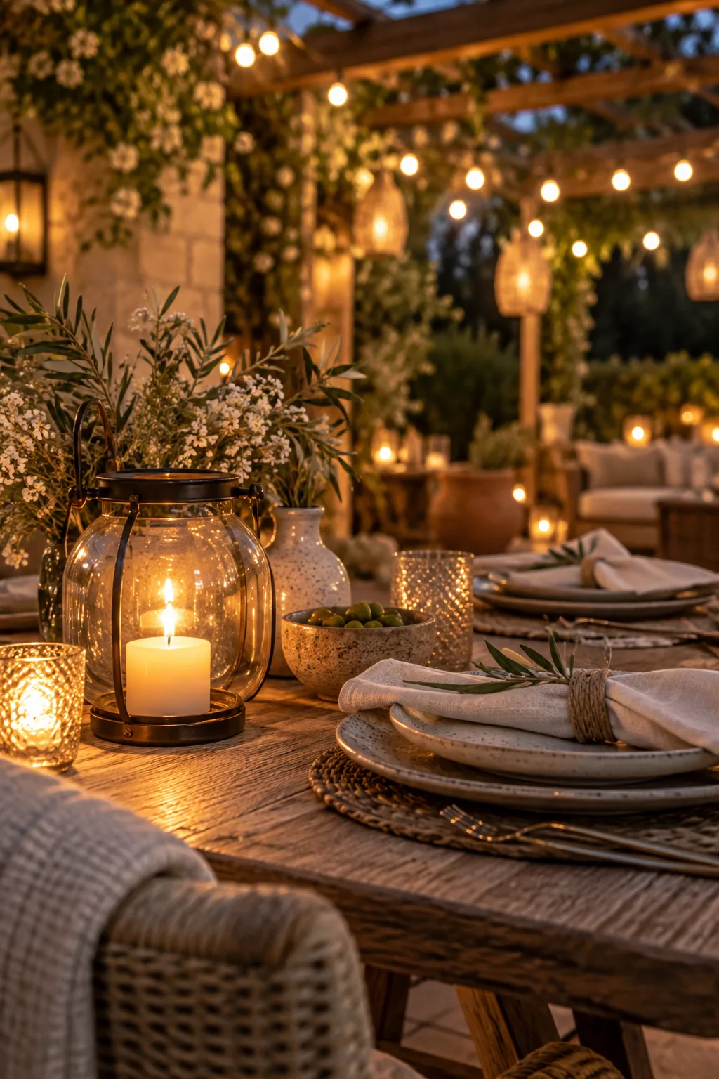 An outdoor dining space under a pergola with bistro lights overhead and small lit lanterns on the table.