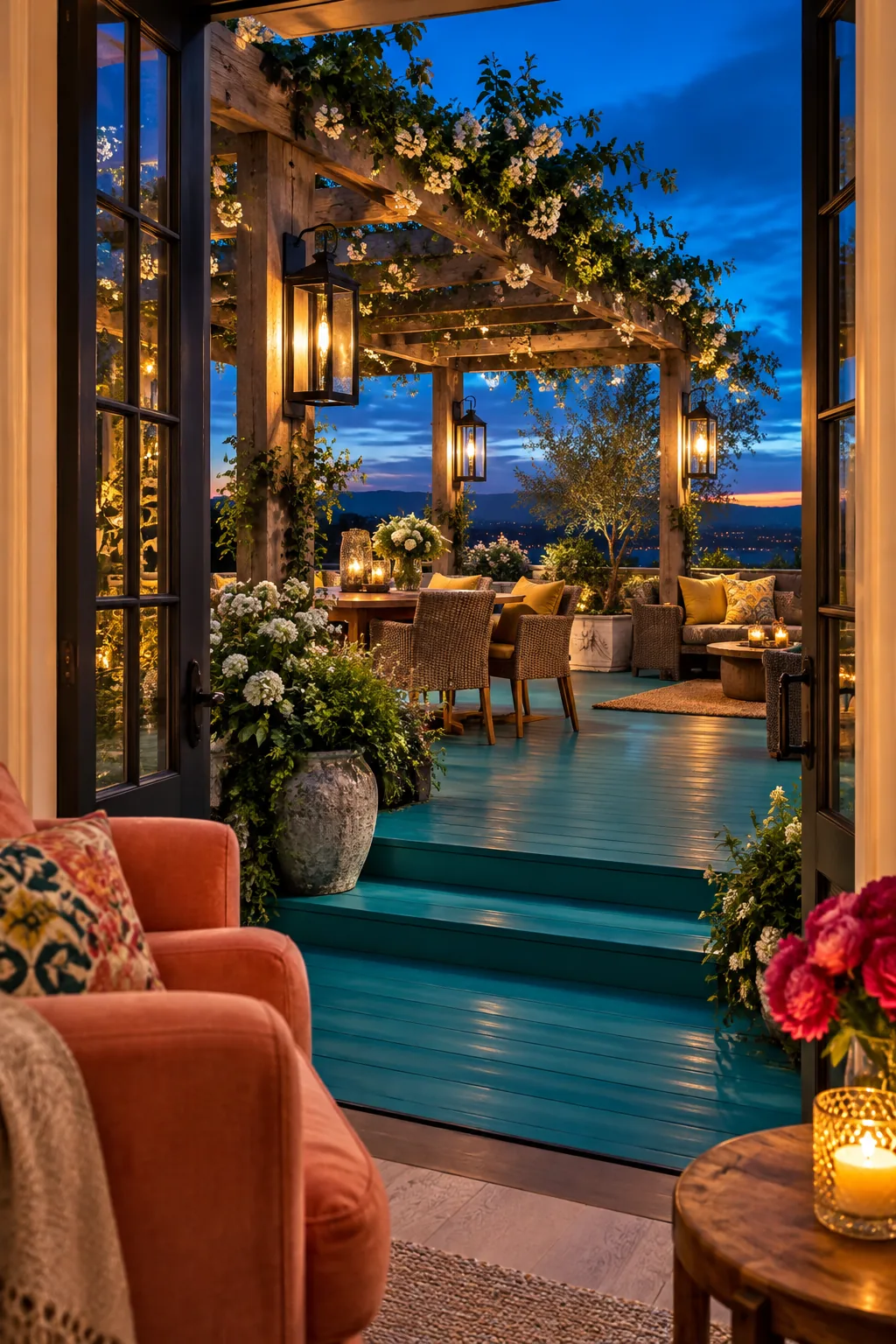 Matte black outdoor wall sconces attached to the thick wooden posts of a backyard pergola.