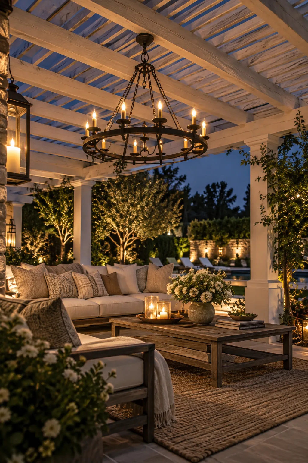 A large weather-resistant chandelier hanging from the center beam of a wooden pergola over a seating area.