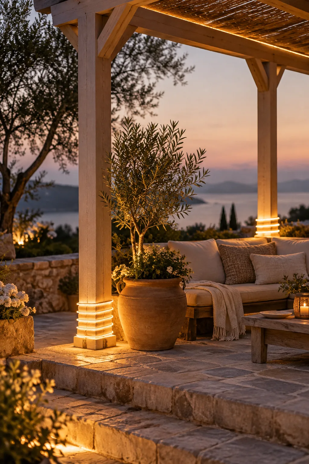 Glowing rope lights wrapped around the bottom base of pergola posts illuminating a stone patio.