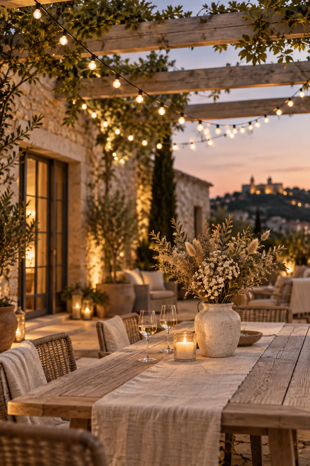 String lights draped loosely in a scalloped pattern across the roof of a pergola.