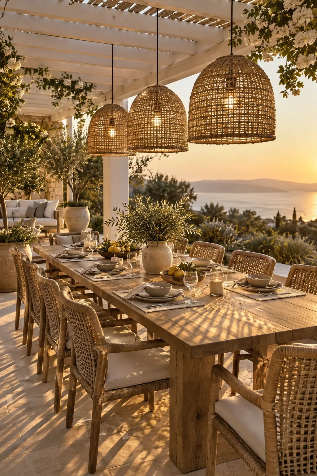 Three woven rattan pendant lights hanging in a row over a long outdoor dining table under a pergola.