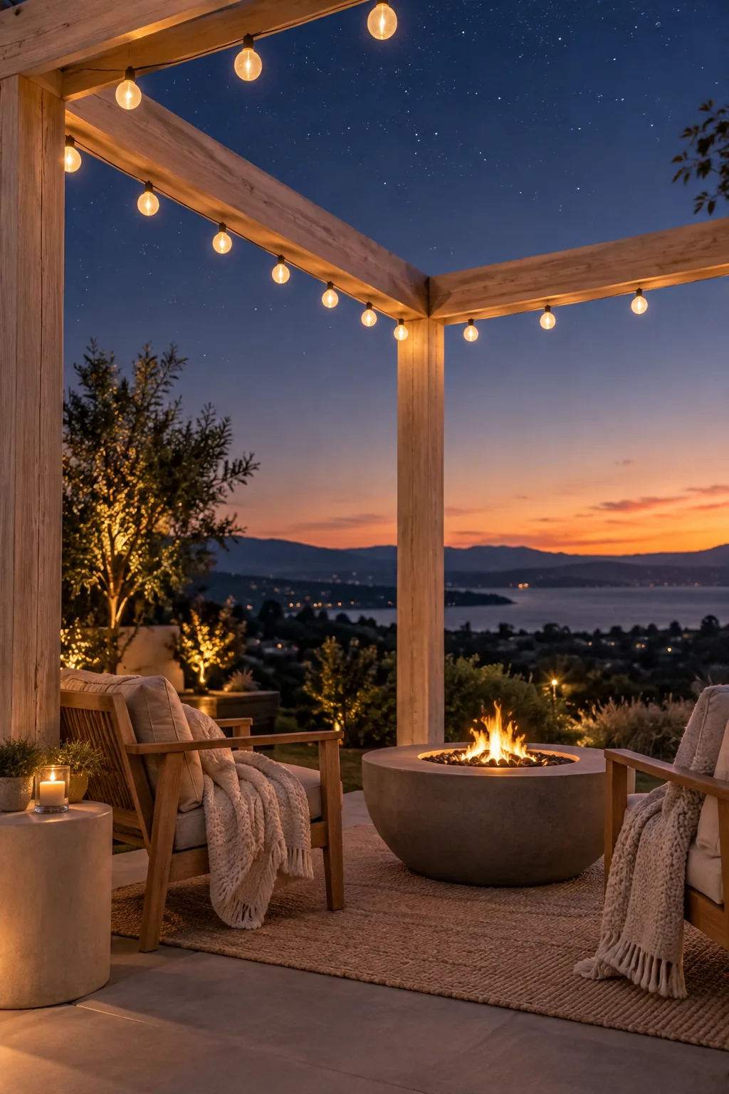 Round globe lights perfectly outlining the outer top edge of a square wooden pergola.