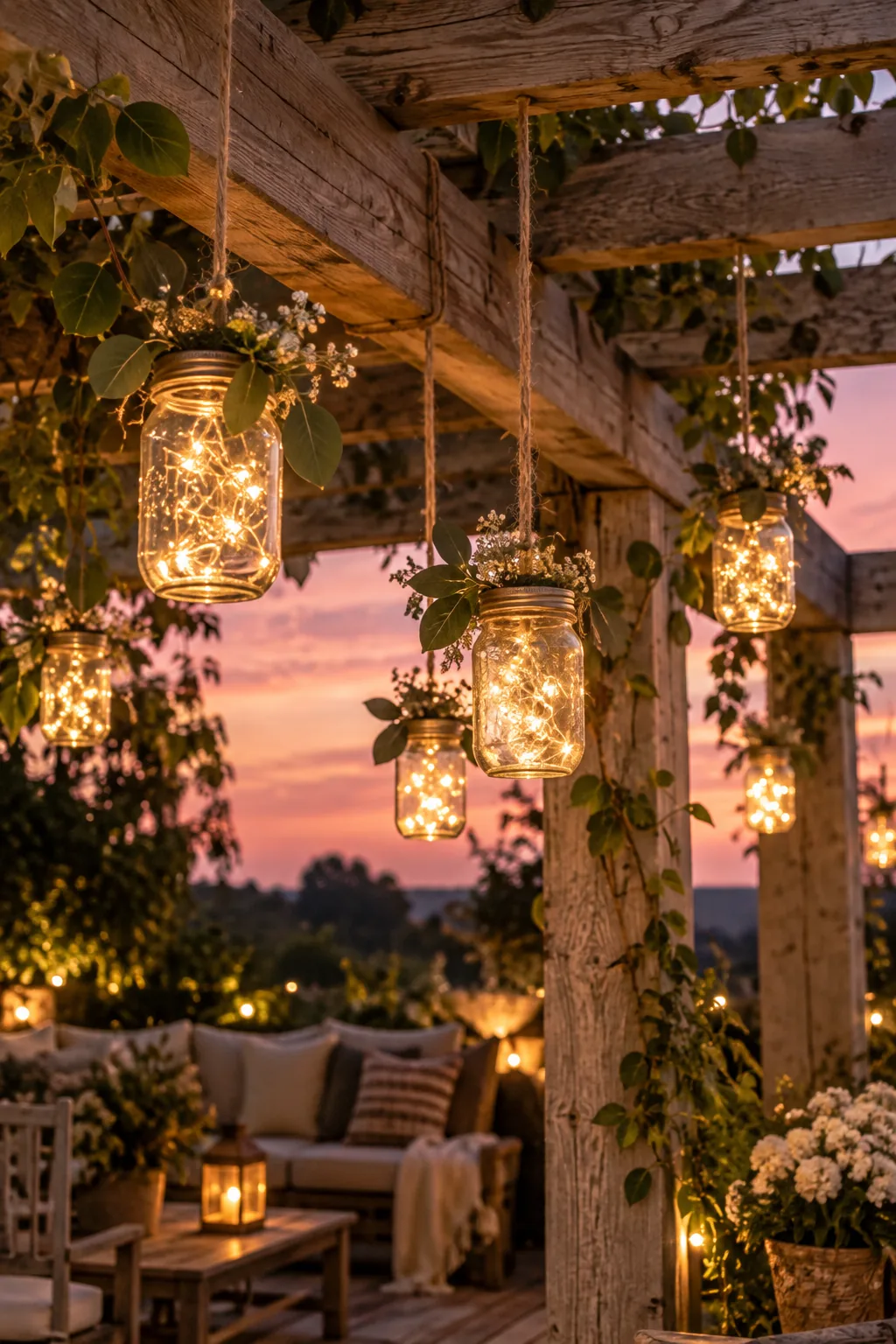 Glass mason jars filled with wire fairy lights hanging by twine from pergola rafters.