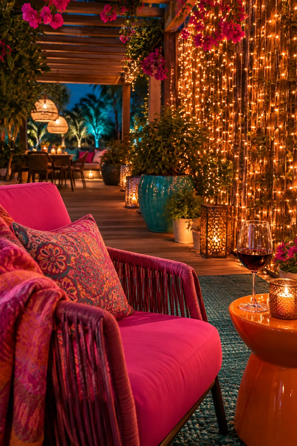 A dense curtain of copper wire fairy lights hanging down one side of a pergola.