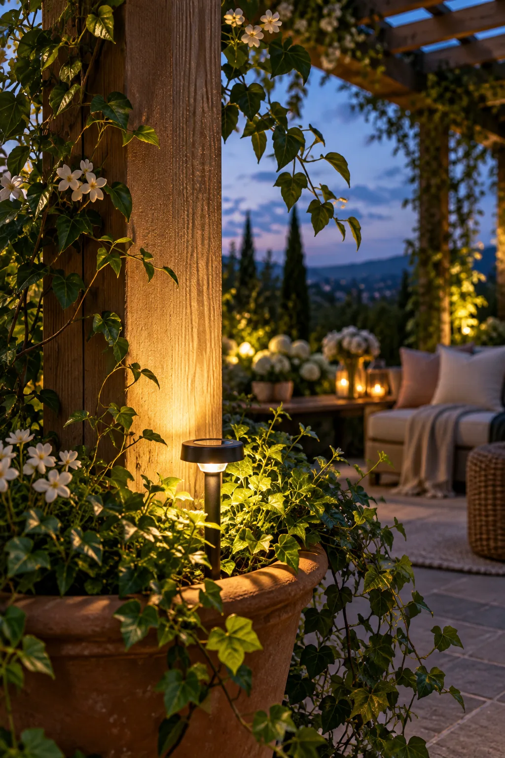 Solar pathway lights stuck into potted plants, casting light upwards onto wooden pergola posts.