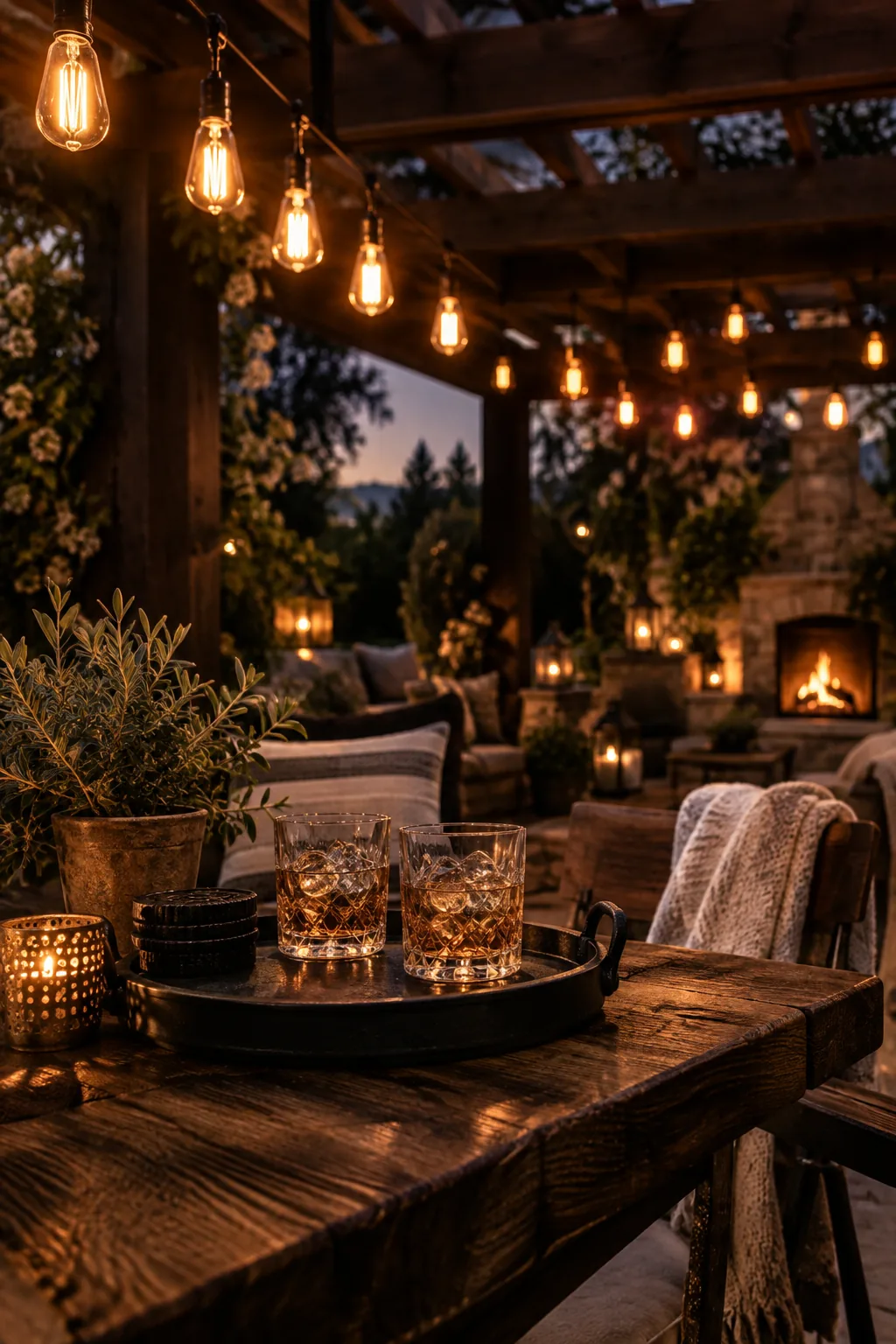 Vintage Edison bulbs with exposed filaments strung across a dark wood pergola.