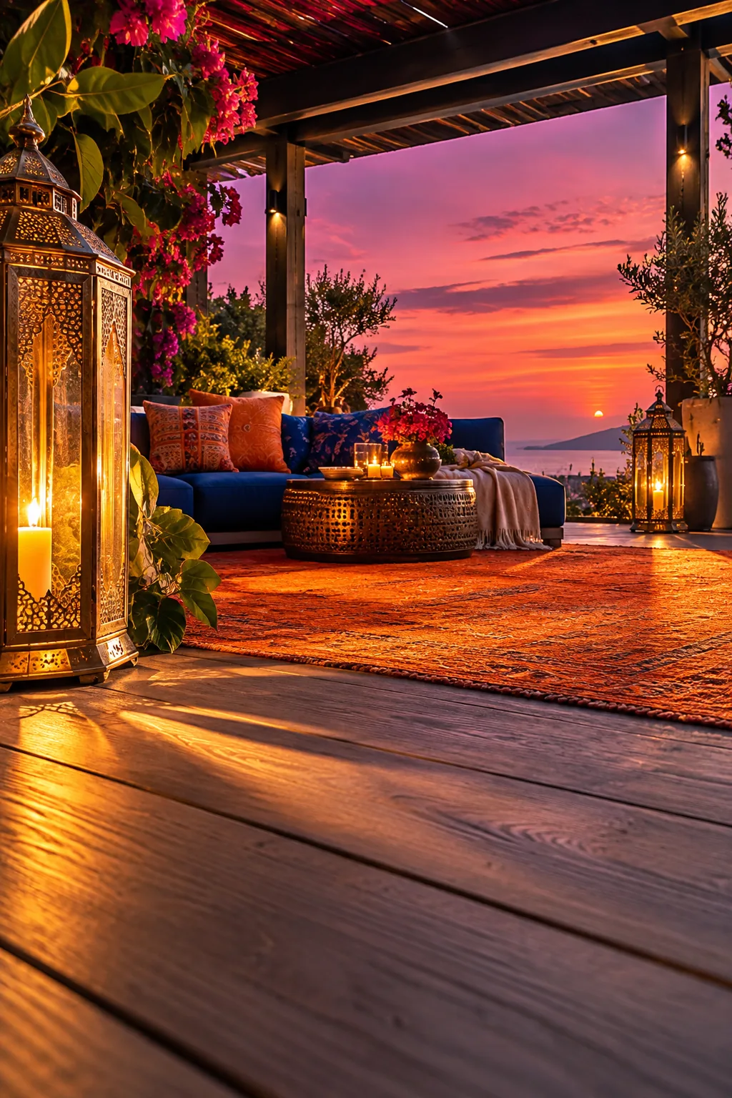 Large brass lanterns with glowing candles sitting on the floor at the corners of a pergola.