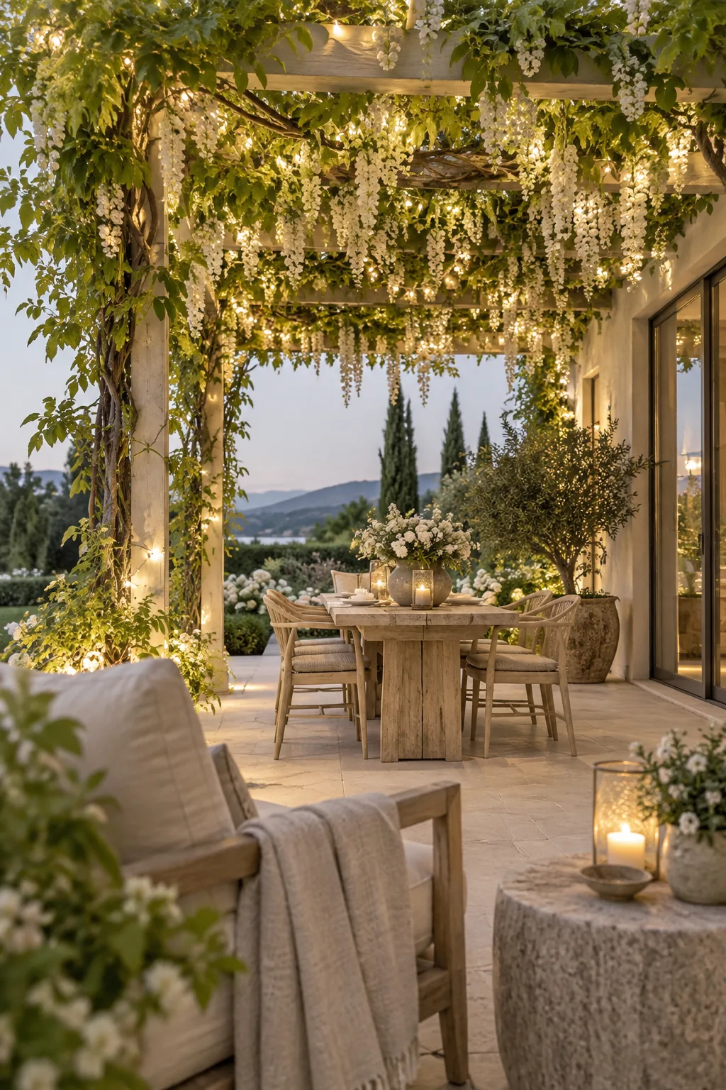 Thin wire lights woven through green climbing vines covering the top of a pergola.