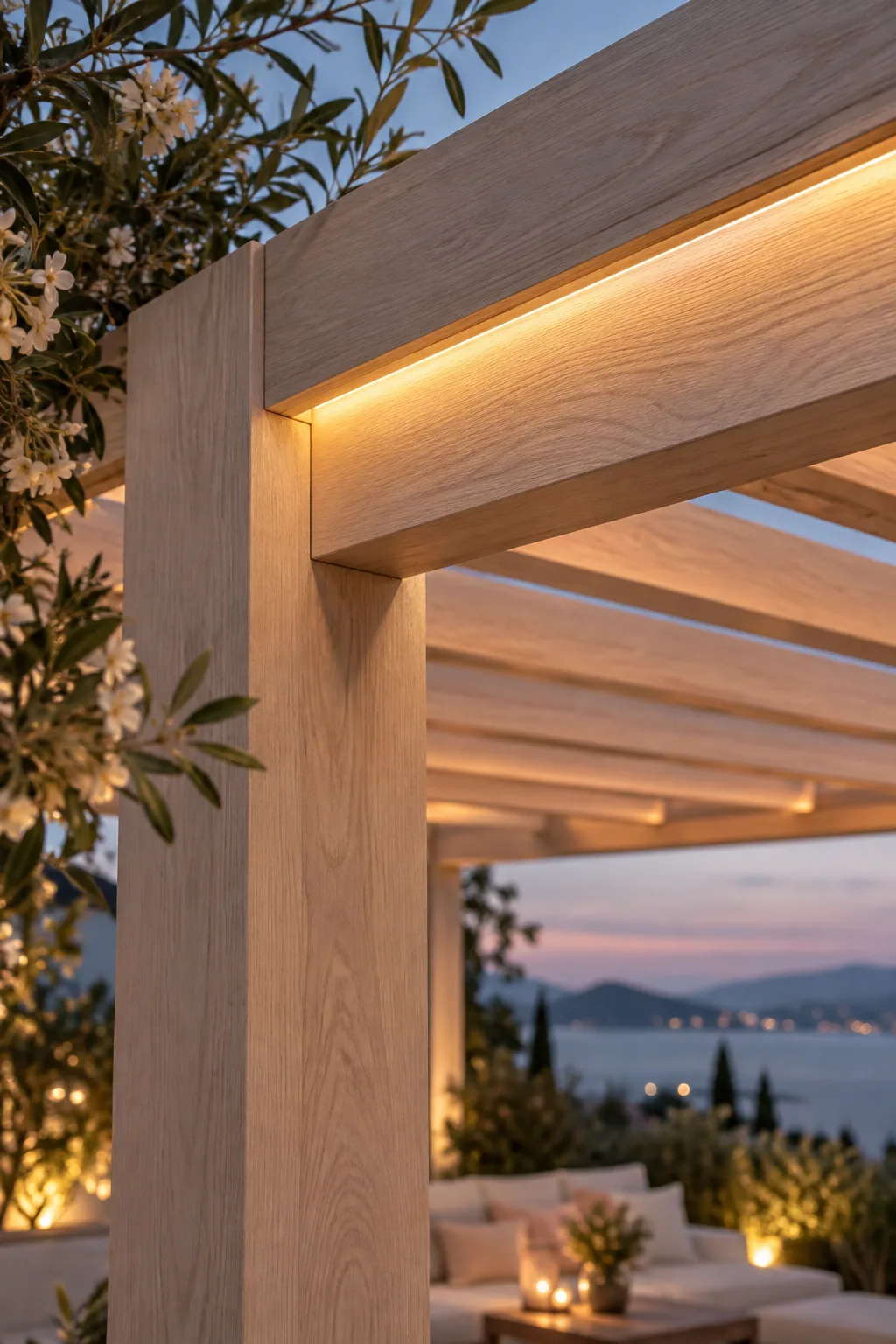 Colorful ambient light glowing from hidden LED strips along the top beams of a pergola.