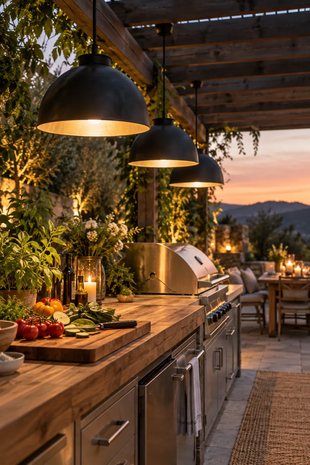 Three large matte black metal dome pendant lights hanging in a row over an outdoor kitchen under a pergola.
