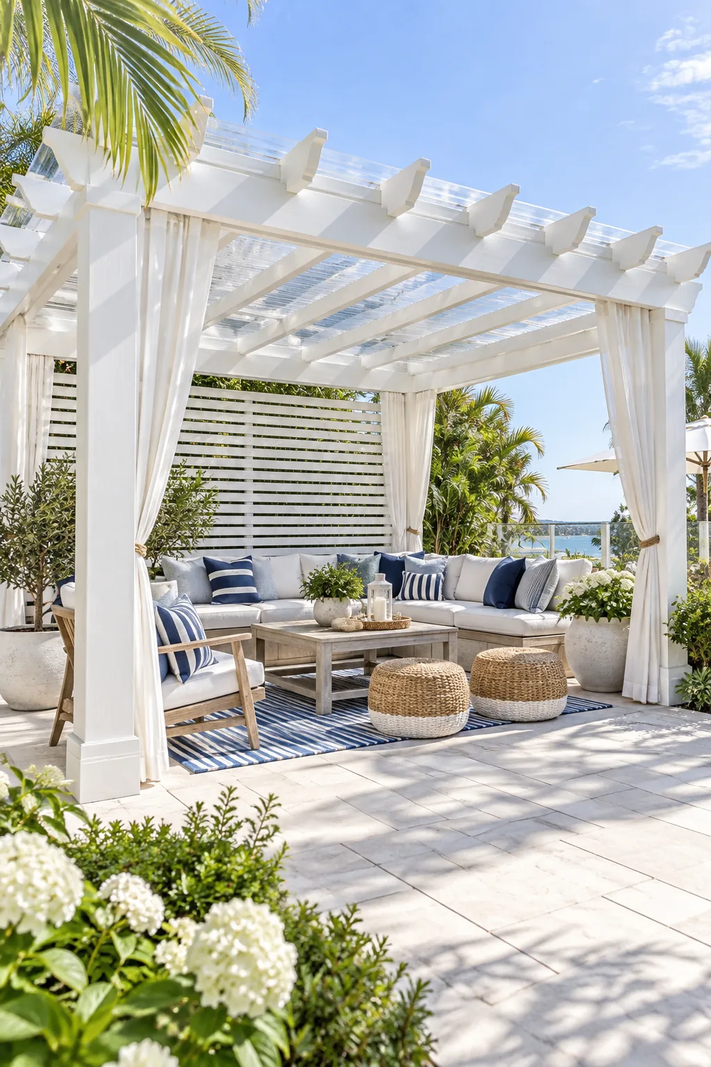 White painted wooden pergola with blue and white striped furniture on a bright patio.