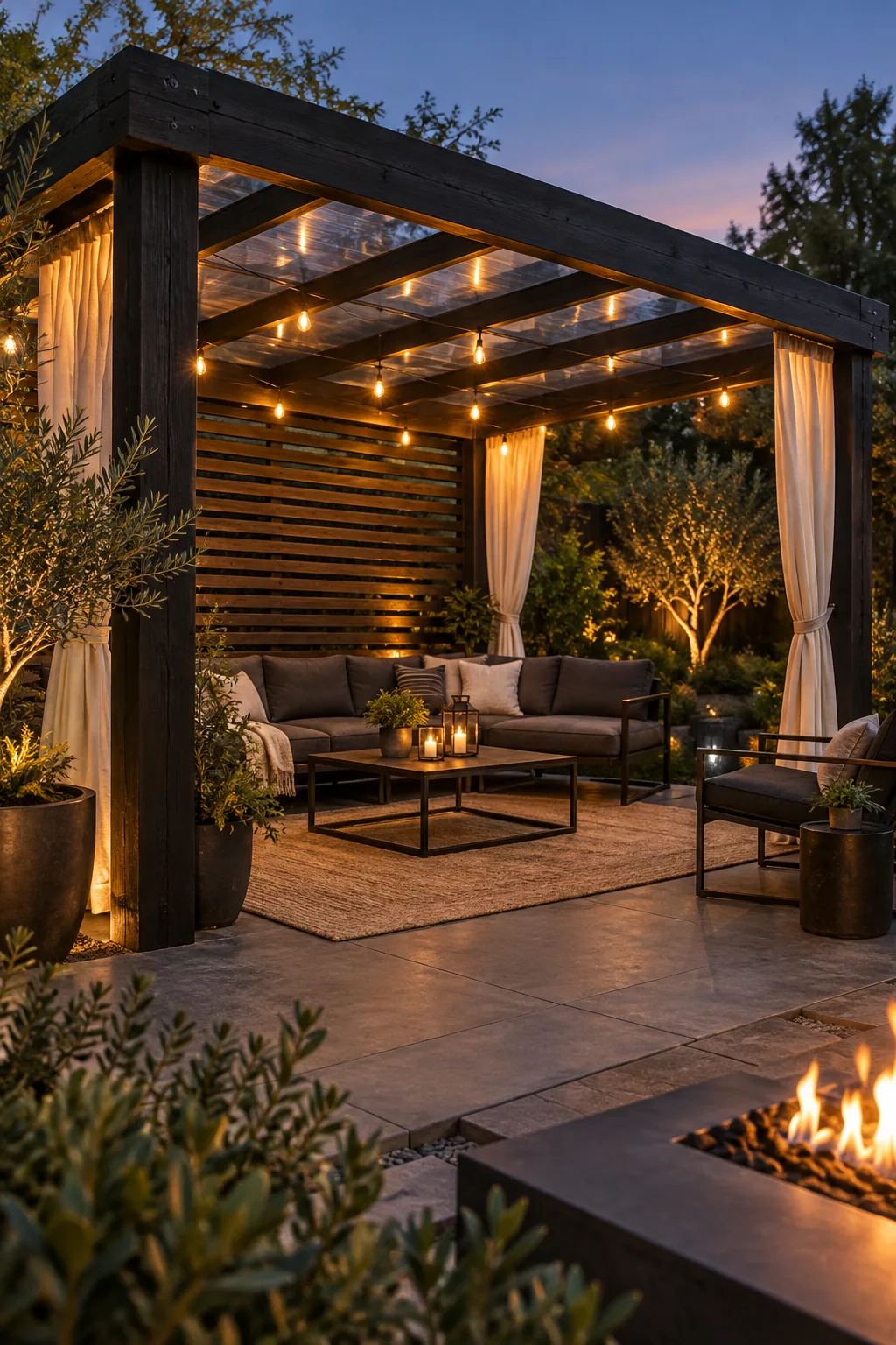 Black stained wooden pergola with minimalist furniture and string lights on a concrete deck at dusk.